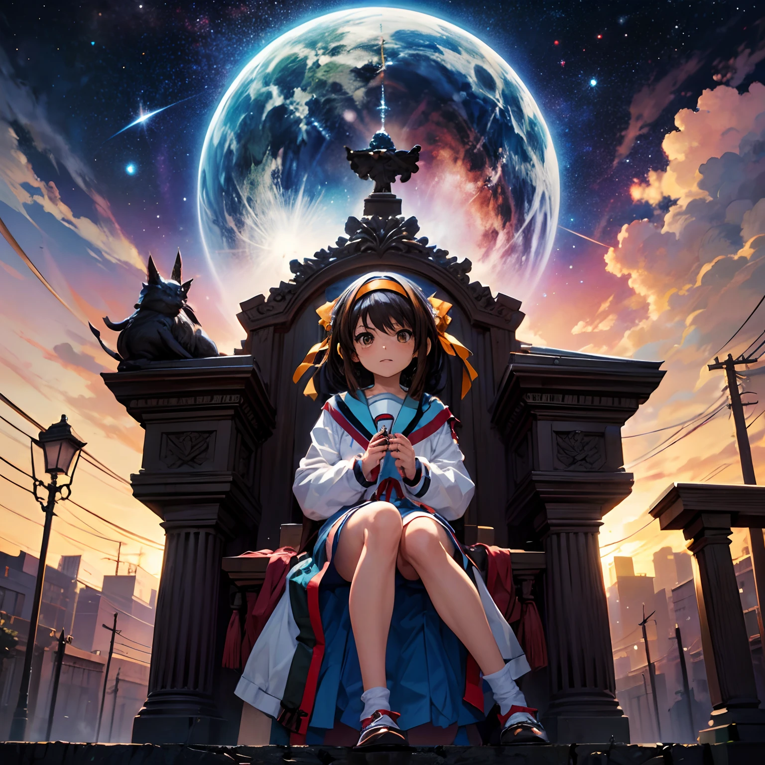 frontage suzumiya haruhi sitting in a throne the background is the universe