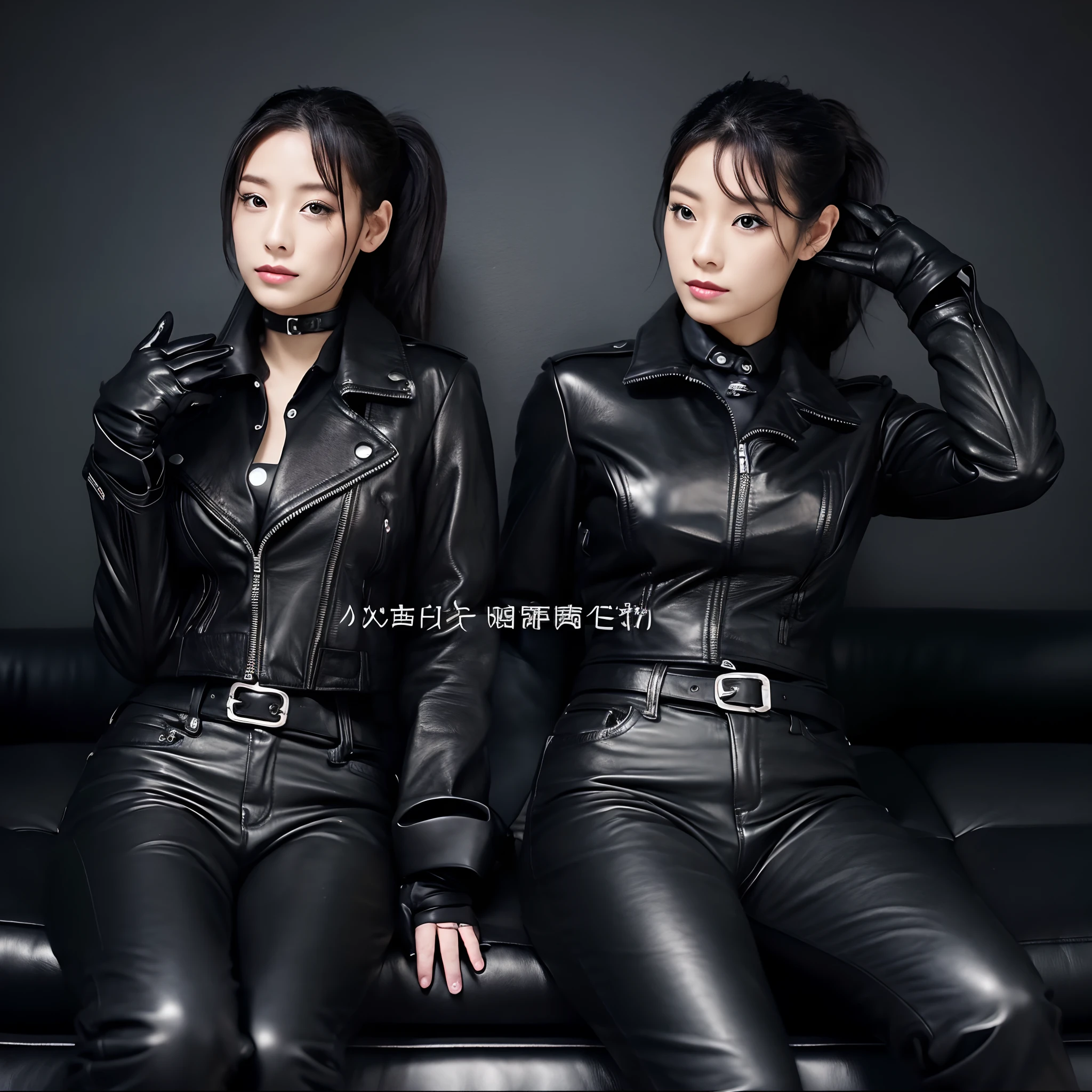 Black leather rider's jacket, Office in the Dark, With the fingertips of the black leather gloves of both hands while looking at the screen、Tapping the keys on the keyboard of a black laptop on a desk,Sitting on a black leather chair、 Japan Female New Employees (Black leather gloves cover both hands) (The angle is sideways)、Black Leather Skinny Pants、Long black leather boots on both legs、Black hair ponytail ((He wears black leather gloves on both hands))