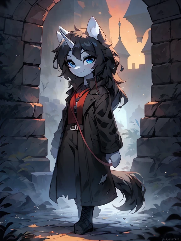 e621(author:lapel:0.4),(By iskra:0.4),(From krokobyaka:0.3),(author:Yuou:0.3),(by Hioshiru:0.3),Lead gray fur,Brunette unicorn, Brick floor,Gray-black trench coat,Behind her was a gray sky((very beautiful furry art)),stunning detailed,(The main character is a horse girl:1.5),((A unicorn)),My Little Pony,mlp,Friendship is magic,(Tall guy),Seductive expressions,High head-to-body ratio,Lead gray fur,Black color hair,Long back hair,blue color eyes,Broken clothing,Wet clothing,Medium breasts,(Long gray-black trench coat:1.2),black long boots,(amazing background),Stone brick construction,Wallpaper style,Oppressive atmosphere,Gray tones