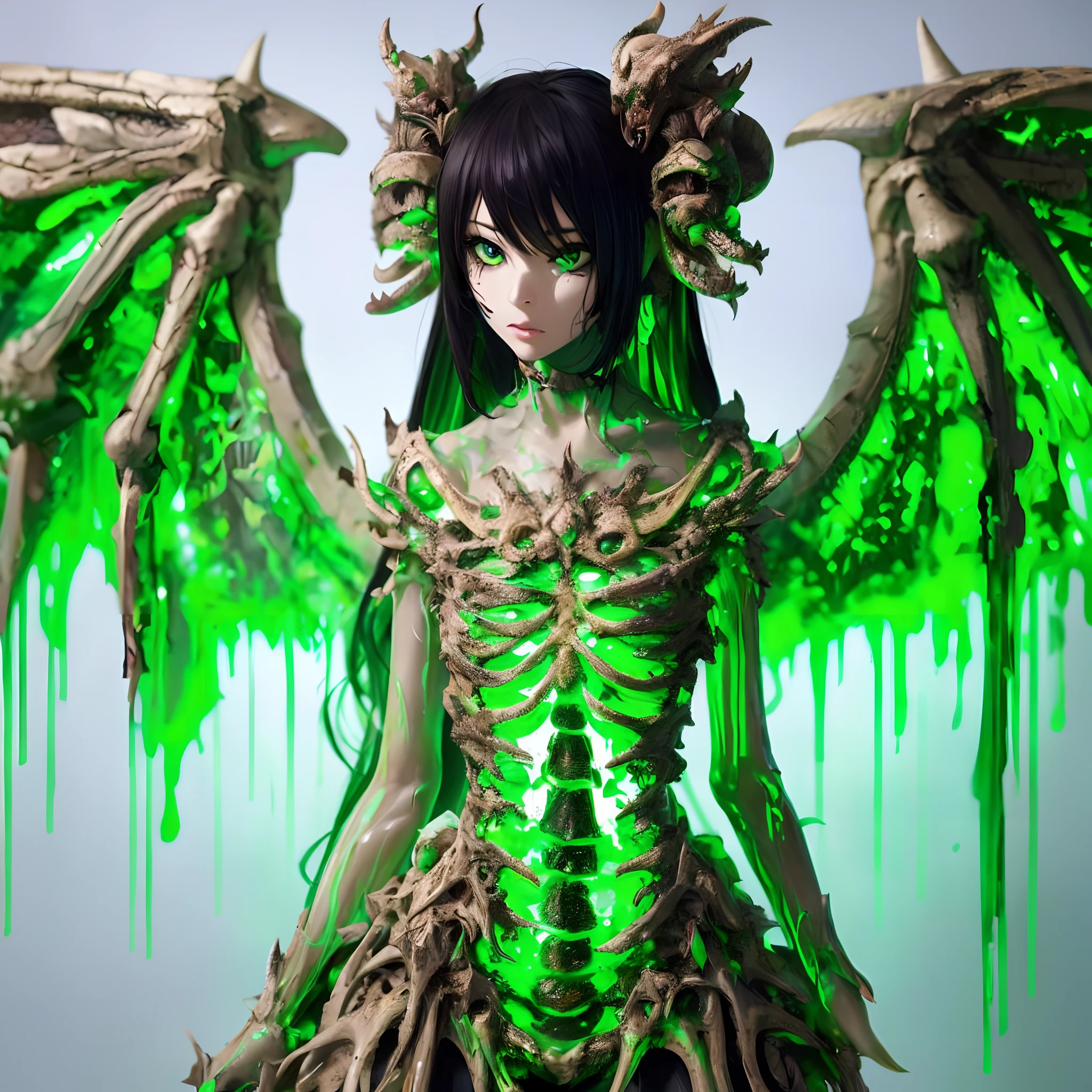 Dragon Zombie Girl. A girl wearing a dress fused with dragon bones. Her eyes glow green. A green slimy aura.