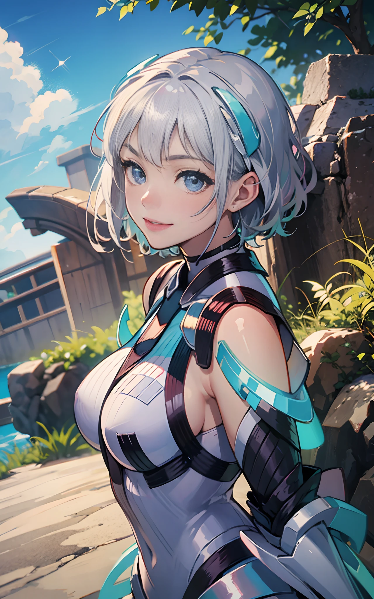 lightsmile, deva battle suit, Outdoors, Silver hair, bobhair, Blue eyes, waist shot