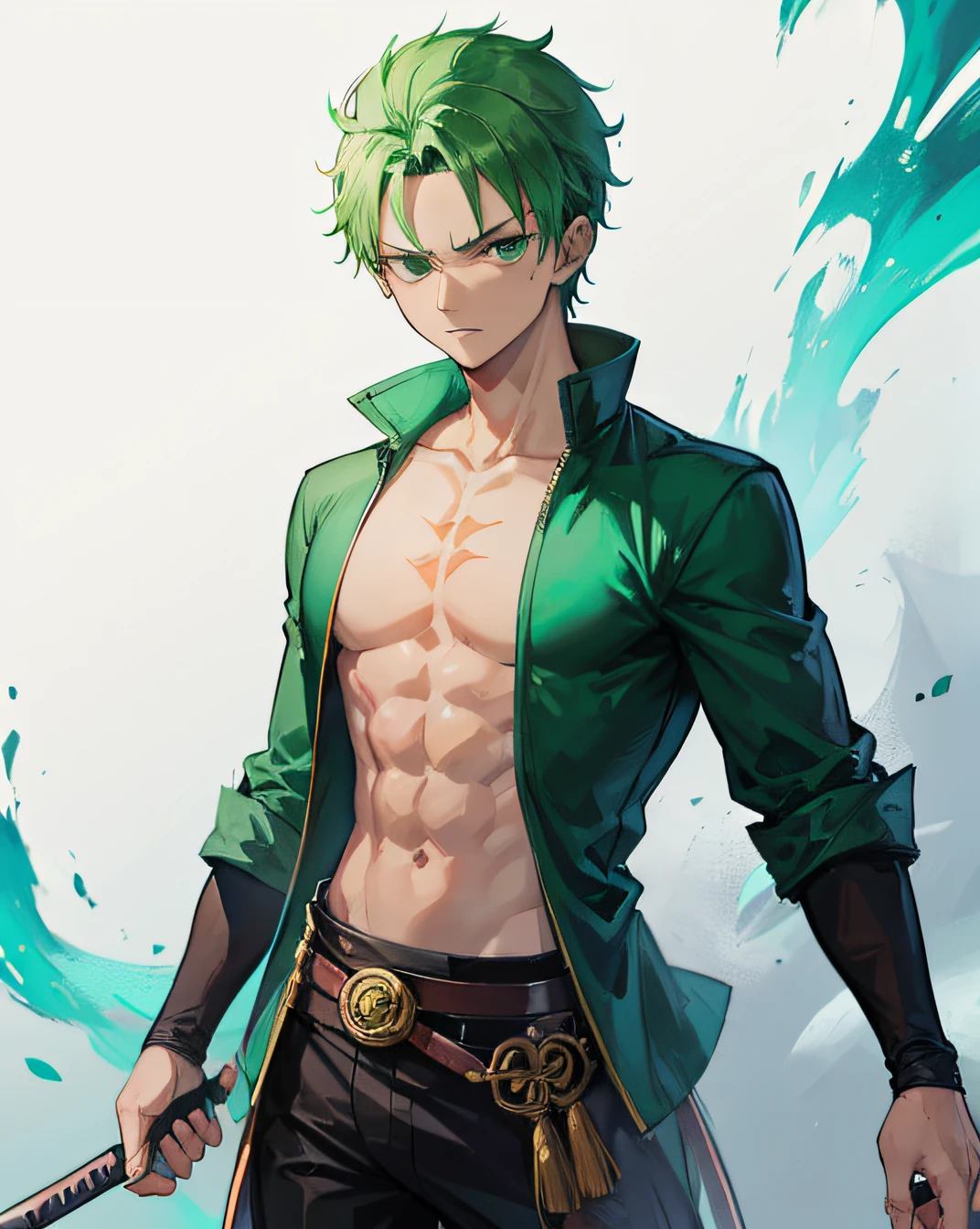 A swordsman with green hair and sharp eyes, three pearls hanging from his left ear, a scar on his left eye, and a green cloth band wrapped around his left arm. He likes to wear loose robes that expose his firm chest and belly, as well as a simple pair of pants. He had three sharp knives tied around his waist, one white, one black, and one red. He looks cool, strong, and confident.