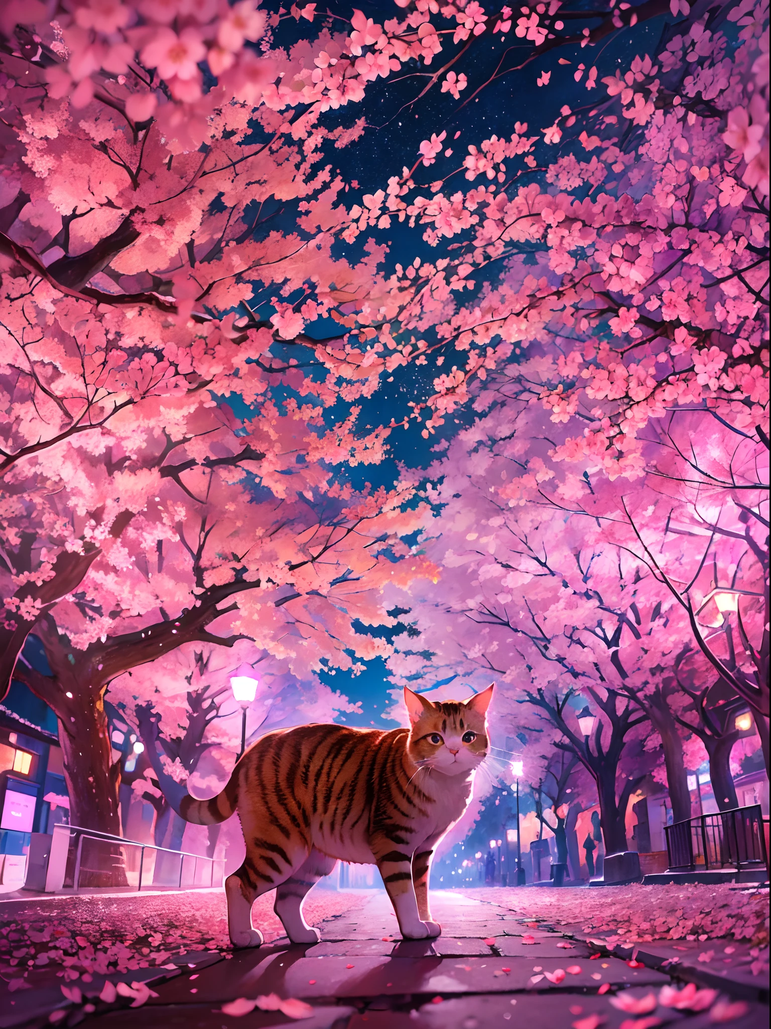, a cat stands inside a breath taking street , surrounded by a kaleidoscope of vibrant cherry blossom and enchanting cherry blossom trees, (walking on the a street full of cherry blossom:1.2),(sky scraper:0.6) ,The starlit sky above is illuminated by strange and colorful hues of lights, creating an ethereal atmosphere