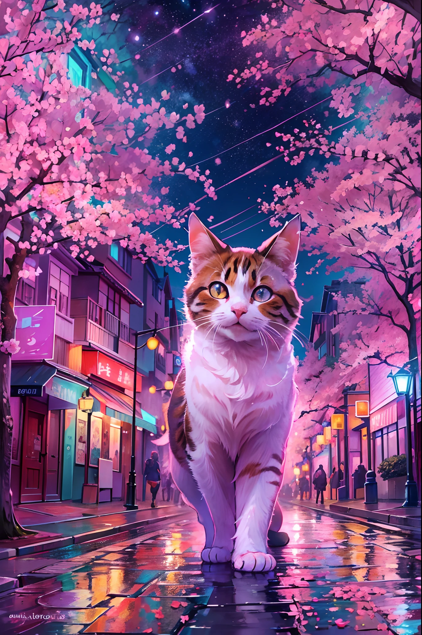, a cat stands inside a breath taking street , surrounded by a kaleidoscope of vibrant cherry blossom and enchanting cherry blossom trees, (walking on the a street full of cherry blossom:1.2),(sky scraper:0.6) ,The starlit sky above is illuminated by strange and colorful hues of lights, creating an ethereal atmosphere