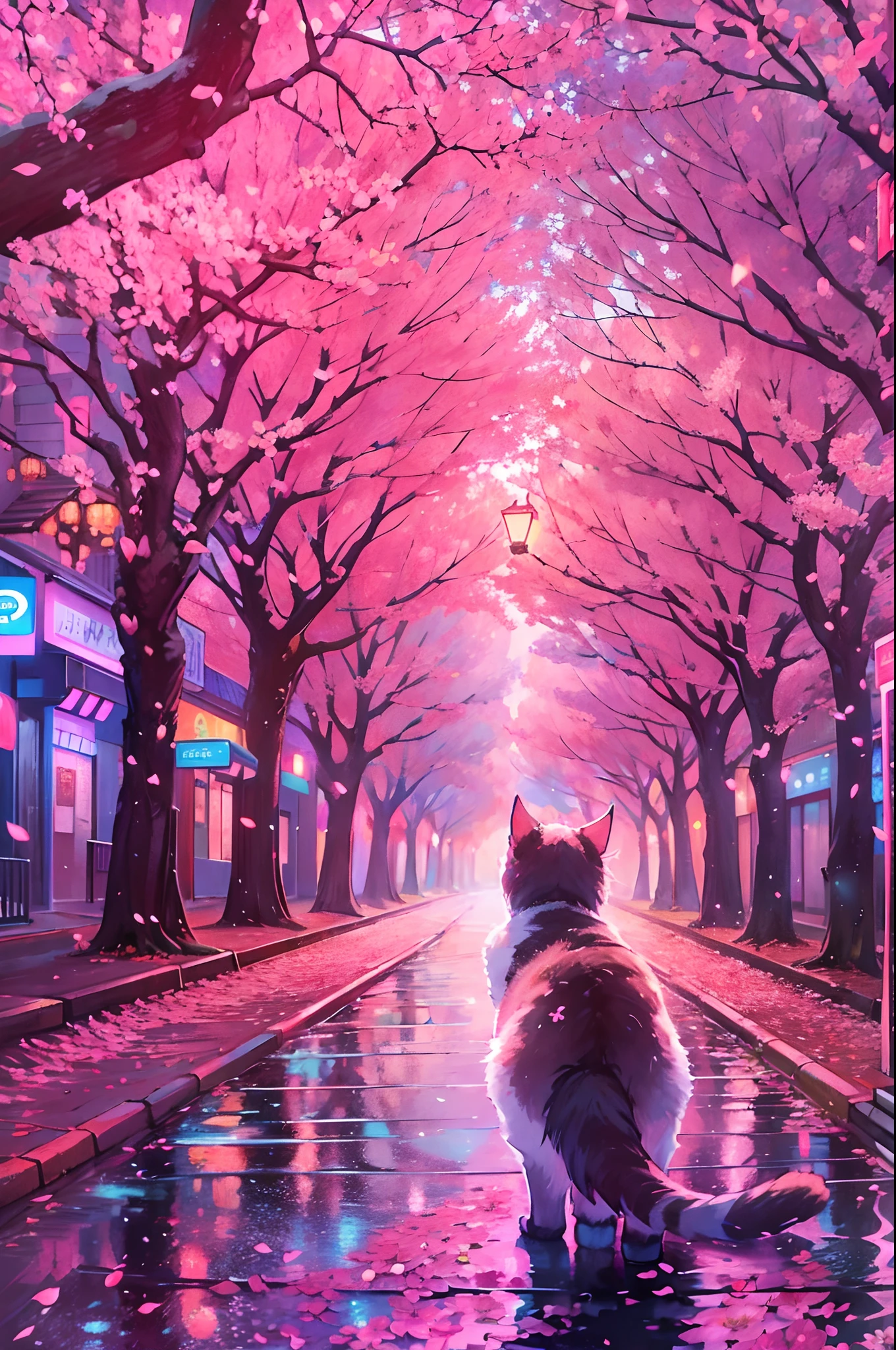 From behind, a cat stands inside a breath taking street , surrounded by a kaleidoscope of vibrant cherry blossom and enchanting cherry blossom trees, (walking on the a street full of cherry blossom:1.2),(sky scraper:0.6) ,The starlit sky above is illuminated by strange and colorful hues of lights, creating an ethereal atmosphere