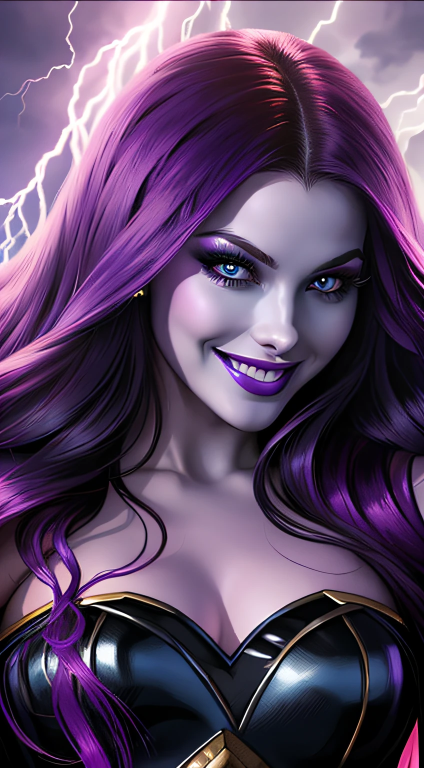 close up of a young beautiful enchantress, long purple hair, lush purple lips, evil, villainess, smiling, black prom dress, she is coming to you, bright blue eyes, surrounded by splashes of lightning, Artgerm, real, high detail, best quality