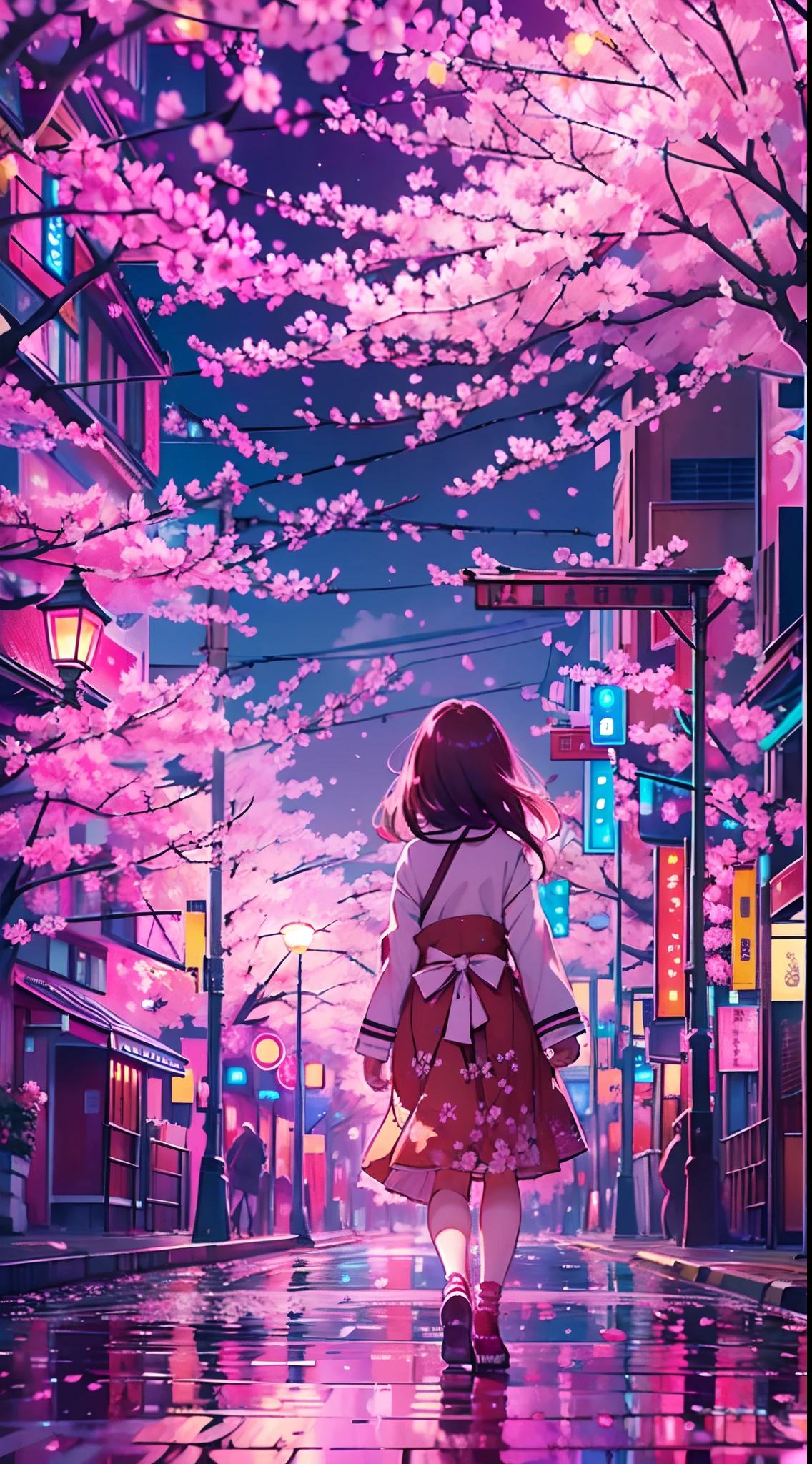 From behind, a girl stands inside a breath taking city landscape of Tokyo, surrounded by a kaleidoscope of vibrant cherry blossom and enchanting cherry blossom trees, (walking on the a street full of cherry blossom:1.2),(sky scraper:0.6) ,The starlit sky above is illuminated by strange and colorful hues of lights, creating an ethereal atmosphere