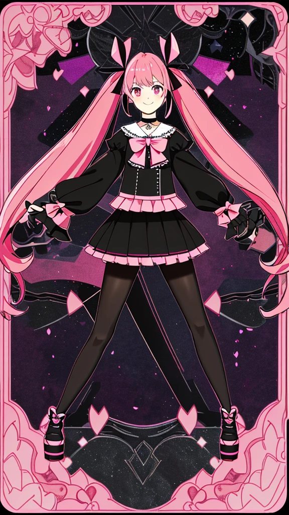 masterpiece, best quality, 1girl, solo, long_hair, from top, light smile, panorama, perspective, looking_at_viewer, bangs, skirt, shirt, pink hair, colored inner hair, long_sleeves, bow, ribbon, twintails, hair_bow, heart, pantyhose, frills, shoes, choker, blunt_bangs, black_skirt, pink_eyes, frilled_skirt, pink_bow, platform_footwear, pink_theme, jirai_kei, full body, night, street, skyscraper, neon trim, panorama, perspective, starry sky, pink background, dark, shadow,