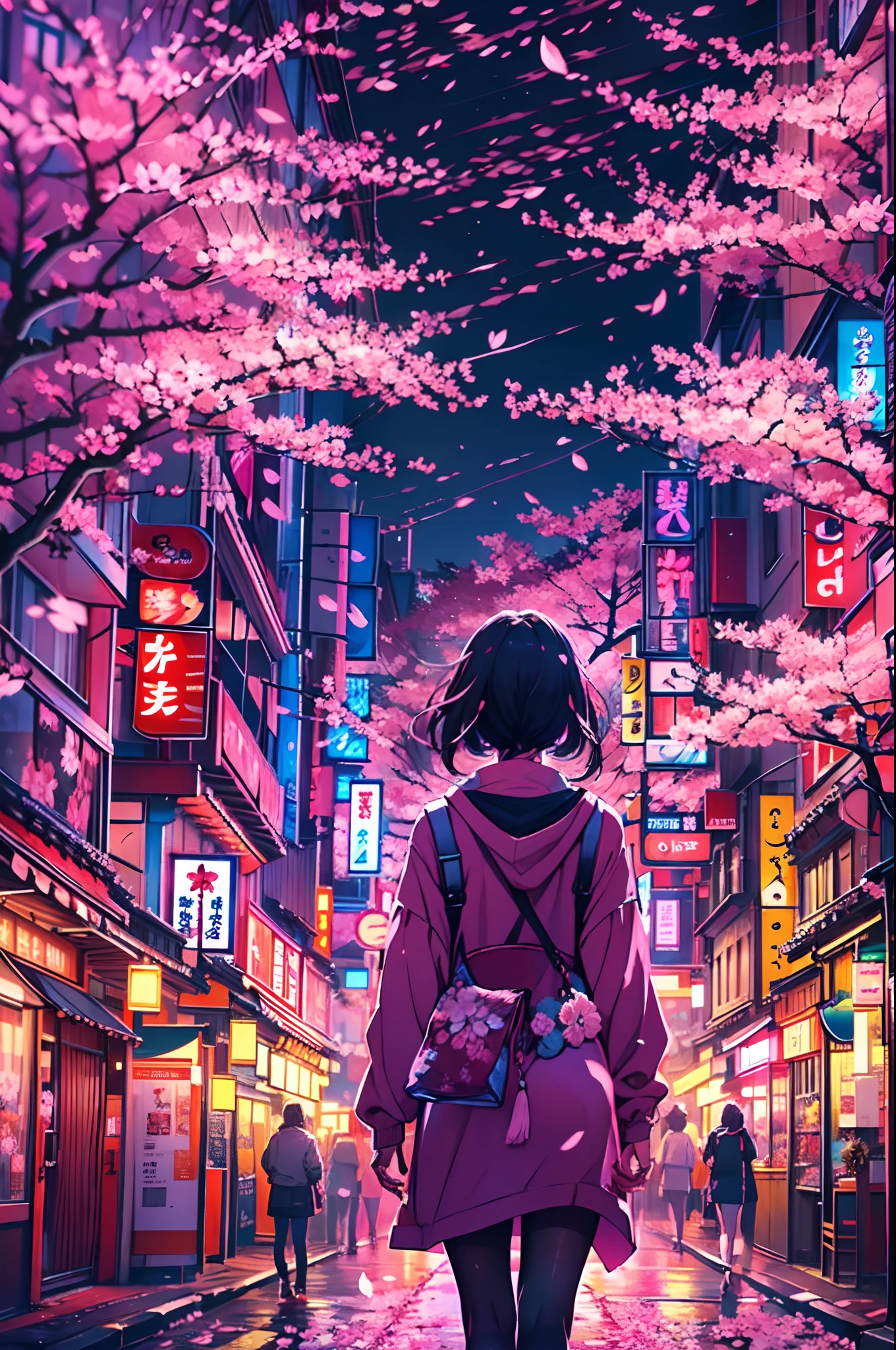 From behind, a girl stands inside a breath taking city landscape of Tokyo, surrounded by a kaleidoscope of vibrant cherry blossom and enchanting cherry blossom trees, (walking on the a street full of cherry blossom:1.2),(sky scraper:0.6) ,The starlit sky above is illuminated by strange and colorful hues of lights, creating an ethereal atmosphere