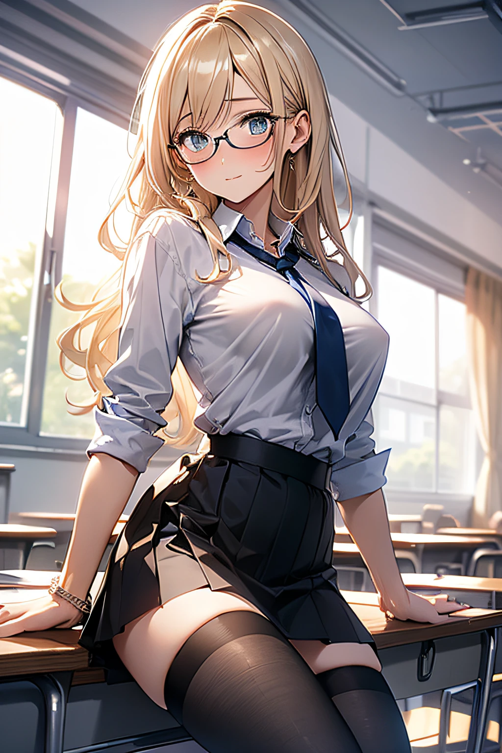 (tmasterpiece),(beste-Qualit),(higly detailed),(illustartion),(extra high resolution)one girls,School uniforms,shirt, confusion,blonde woman,Cyan eyes, straight long hair,white shirt,Mature woman,tetas grandes, big breastes,top down view,a closeup of a,Inside the room,desks, open breasts, unbuttoned dress shirt, protruding nipples, stocklings, teats, eyeglasses, looks at the viewer, Sexy, pantyhouse, Beautiful stockings, sexy stockings, Legs, nice legs, upskirt, school skirt, blackskirt, black stockings, beautiful detail eyes, A detailed eye, Sits, sits at the desk, sits on a chair