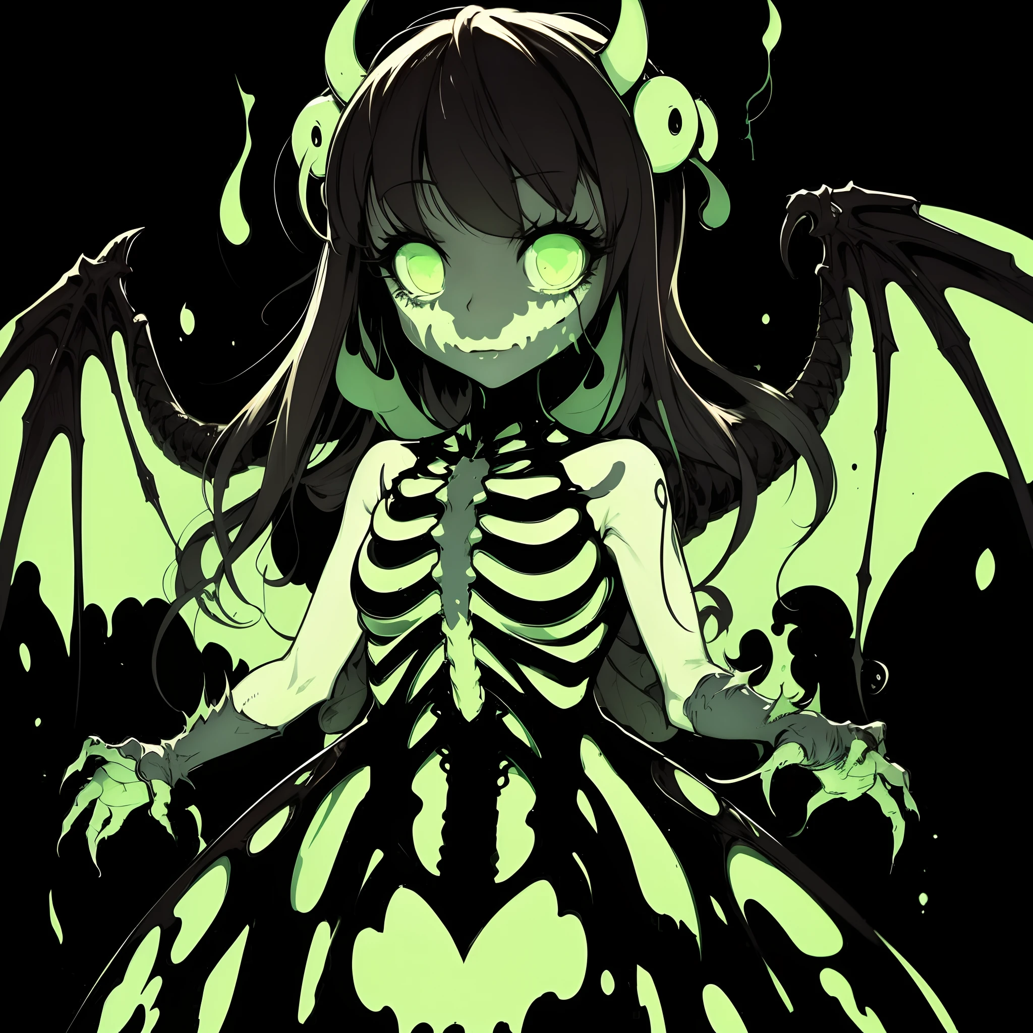 Dragon Zombie Girl. A girl wearing a dress fused with dragon bones. Her eyes glow green. A green slimy aura.