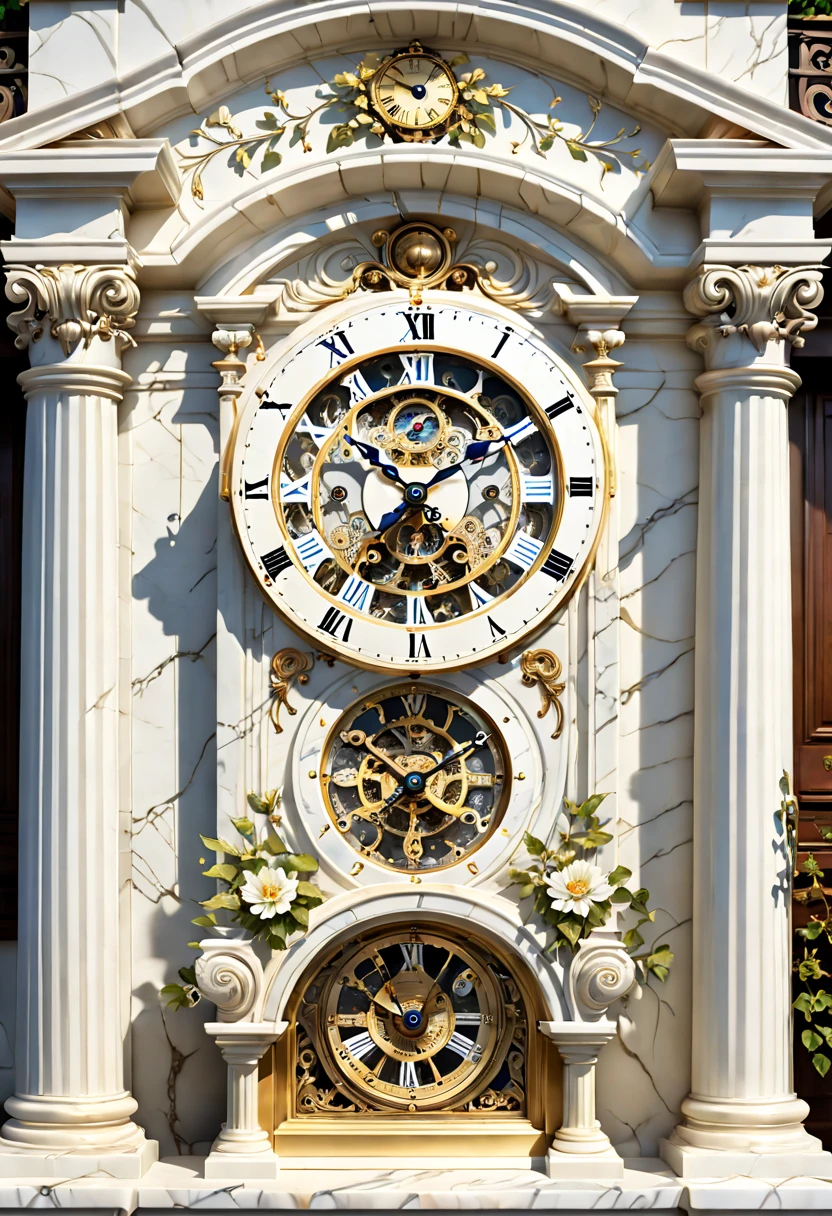 (8K, 16k, Award-winning, Highest quality, Highest resolution, Super detail, High detail, Anatomically correct, Masterpiece),Realistic full-body Greek white marble clock，Ancient chronometric mechanism, delicate craftsmanship , Rare and precious, The intricate details are realistic，Marble clock，detailed carvings,Timeless vintage,Stale and rustic,Ancient craftsmanship,shadows and light,Historical artifacts,Classic chronograph mechanism,Nostalgic,Charm,retro aesthetic,Weathered beauty,Ancient clocks,Ageing gracefully,Stone carving and craftsmanship,Precise marking,Entwined vines and flowers,Entry,Weathered beauty and personality,Backyard Point of Contact,ornate detail,A symbol of eternity,Harmony between past and present,Engraving calligraphy,artistic design+"]，A cinematic scene， 超詳細， Ultra photo realsisim， Bright lights， 8 k''