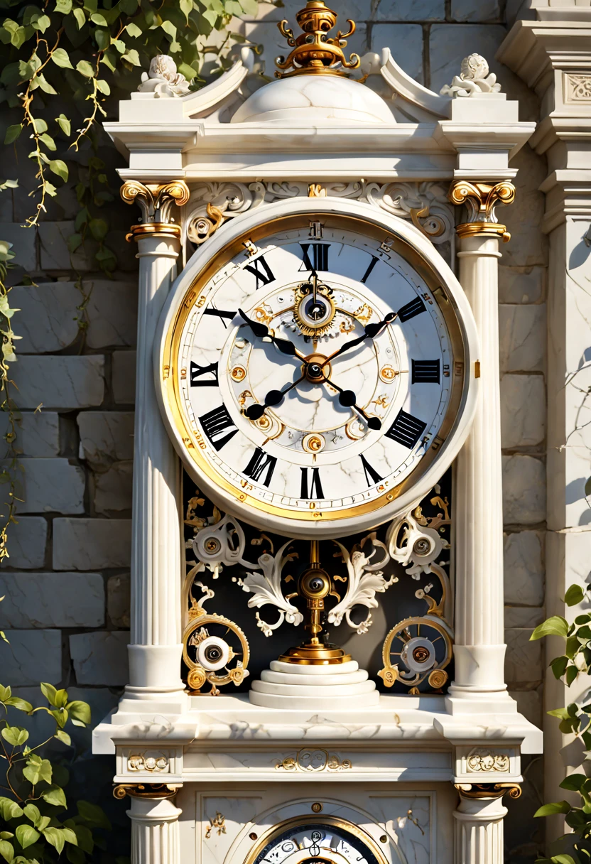 (8K, 16k, Award-winning, Highest quality, Highest resolution, Super detail, High detail, Anatomically correct, Masterpiece),Realistic full-body Greek white marble clock，Ancient chronometric mechanism, delicate craftsmanship , Rare and precious, The intricate details are realistic，Marble clock，detailed carvings,Timeless vintage,Stale and rustic,Ancient craftsmanship,shadows and light,Historical artifacts,Classic chronograph mechanism,Nostalgic,Charm,retro aesthetic,Weathered beauty,Ancient clocks,Ageing gracefully,Stone carving and craftsmanship,Precise marking,Entwined vines and flowers,Entry,Weathered beauty and personality,Backyard Point of Contact,ornate detail,A symbol of eternity,Harmony between past and present,Engraving calligraphy,artistic design+"]，A cinematic scene， 超詳細， Ultra photo realsisim， Bright lights， 8 k''