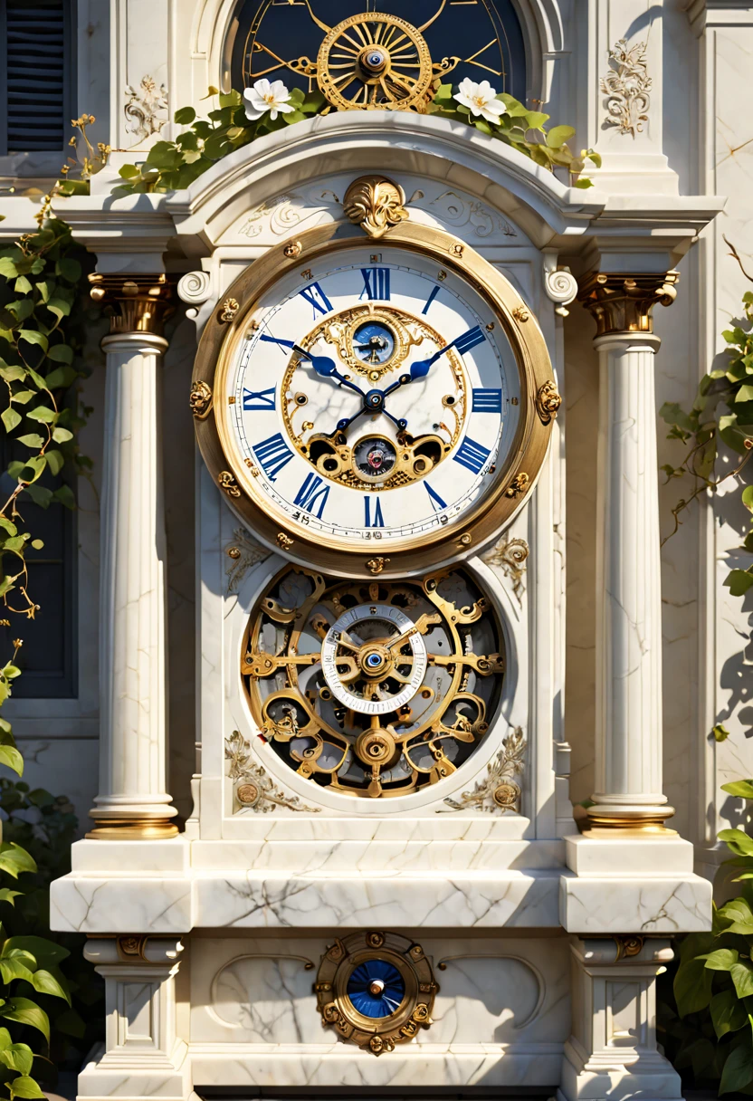 (8K, 16k, Award-winning, Highest quality, Highest resolution, Super detail, High detail, Anatomically correct, Masterpiece),Realistic full-body Greek white marble clock，Ancient chronometric mechanism, delicate craftsmanship , Rare and precious, The intricate details are realistic，Marble clock，detailed carvings,Timeless vintage,Stale and rustic,Ancient craftsmanship,shadows and light,Historical artifacts,Classic chronograph mechanism,Nostalgic,Charm,retro aesthetic,Weathered beauty,Ancient clocks,Ageing gracefully,Stone carving and craftsmanship,Precise marking,Entwined vines and flowers,Entry,Weathered beauty and personality,Backyard Point of Contact,ornate detail,A symbol of eternity,Harmony between past and present,Engraving calligraphy,artistic design+"]，A cinematic scene， 超詳細， Ultra photo realsisim， Bright lights， 8 k''