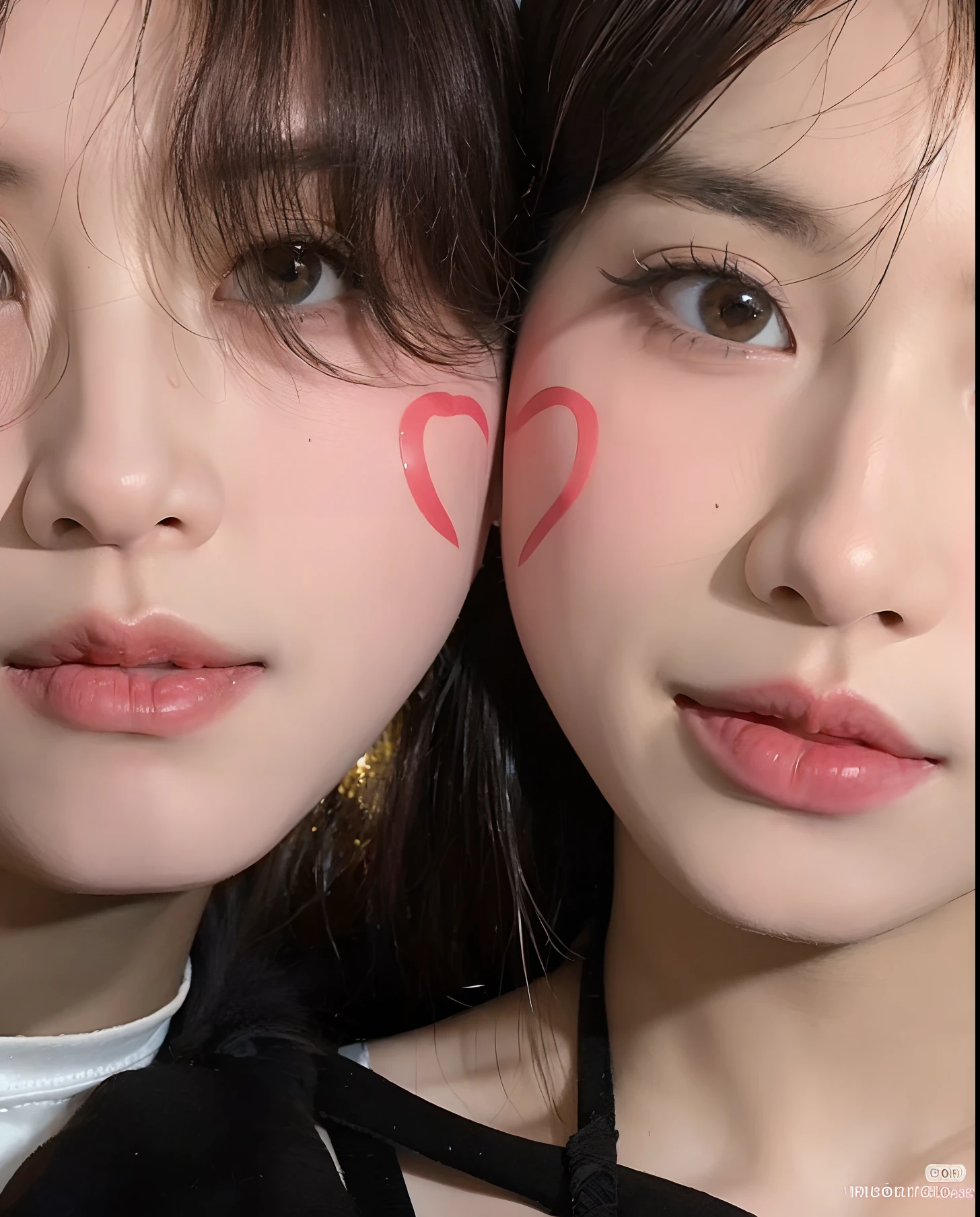 There's a Korean woman and a man with hearts painted on their faces, small heart - shaped face, both have red lips, maquiagem sul-coreana popular, heart shaped face, Aesthetics of beautiful faces, heart - face in the form of, heart shaped face, Ulzzang, maquiagem coreana popular, korean face features, full heart - face shaped like, eyes and lips, lindos rostos detalhados