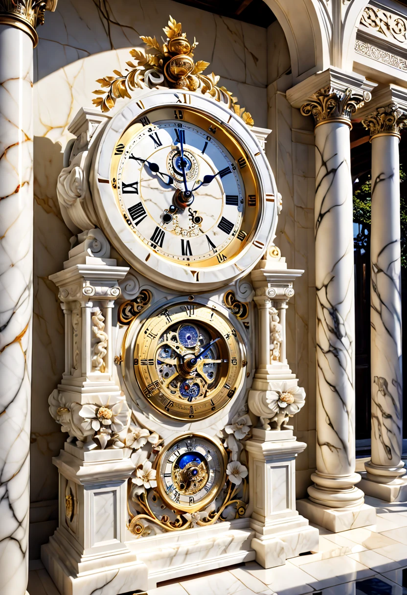 (8K, 16k, Award-winning, Highest quality, Highest resolution, Super detail, High detail, Anatomically correct, Masterpiece),Realistic full-body Greek white marble clock，Ancient chronometric mechanism, delicate craftsmanship , Rare and precious, The intricate details are realistic，Marble clock，detailed carvings,Ancient craftsmanship,shadows and light,Historical artifacts,Classic chronograph mechanism,Nostalgic,Charm,,Weathered beauty,Ancient clocks,Ageing gracefully,Stone carving and craftsmanship,Precise marking,Entwined vines and flowers,Backyard Point of Contact,ornate detail,A symbol of eternity,Harmony between past and present,Engraving calligraphy,artistic design+"]，A cinematic scene， 超詳細， Ultra photo realsisim， Bright lights， 8 k''
