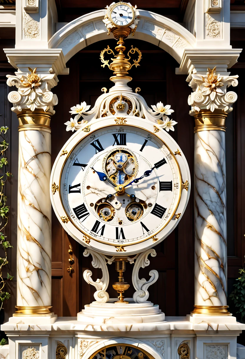 (8K, 16k, Award-winning, Highest quality, Highest resolution, Super detail, High detail, Anatomically correct, Masterpiece),Realistic full-body Greek white marble clock，Ancient chronometric mechanism, delicate craftsmanship , Rare and precious, The intricate details are realistic，Marble clock，detailed carvings,Ancient craftsmanship,shadows and light,Historical artifacts,Classic chronograph mechanism,Nostalgic,Charm,,Weathered beauty,Ancient clocks,Ageing gracefully,Stone carving and craftsmanship,Precise marking,Entwined vines and flowers,Backyard Point of Contact,ornate detail,A symbol of eternity,Harmony between past and present,Engraving calligraphy,artistic design+"]，A cinematic scene， 超詳細， Ultra photo realsisim， Bright lights， 8 k''