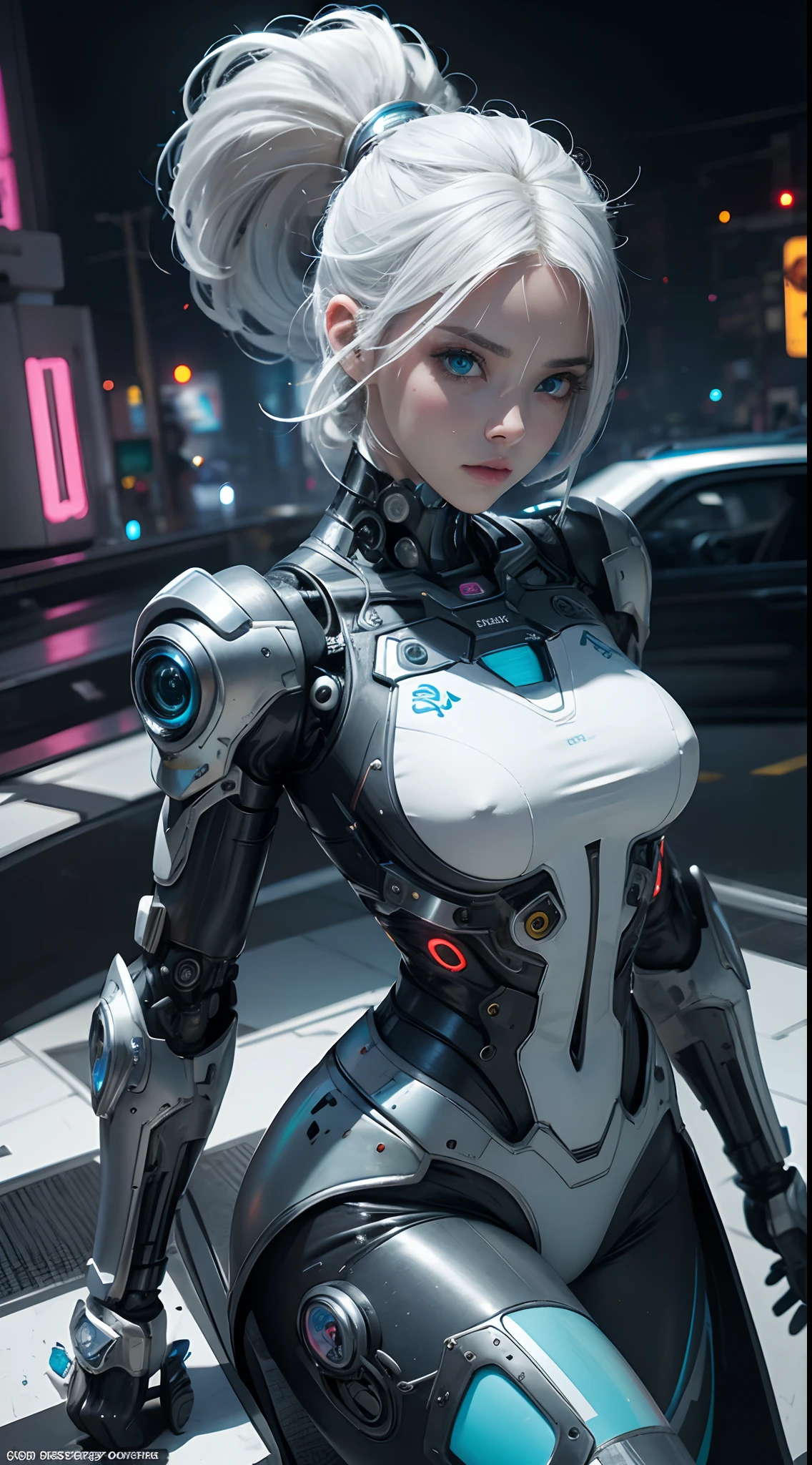 NSFW, 1girl, , cuerpo completo, cyberpunk, mecha, mechanics, (Obra maestra: 1.4), (8k, realista, Foto RAW, La mejor calidad: 1.4), Transparent nipple areola shape, Hermosos pechos, Chica japonesa, Hermosa cara linda, (Cara real: 1.4), Perfecto , hermoso peinado, Ojos azules realistas, Hermosos ojos de detalle, (piel real: 1.3), Piel hermosa, atractivo, cara enojada, ultrahigh resolution, ultra realista, cinematic lighting, hair dyed white, Cabello largo, Cintas, Ruinas de la ciudad, Mundo futurista,traje retrofuturista,cyborg,white hair,una parte de la cara es robot,retrofuturistic colors, neon lights ,yoga pose
