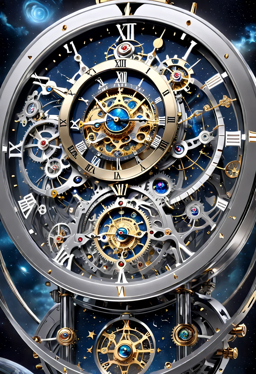 8K, 16k, Award-winning, Highest quality, Highest resolution, Super detail, High detail, Anatomically correct, Masterpiece),UHR, Clock in the starry sky,The timing mechanism of the future, delicate craftsmanship , A legendary mechanical clock, Rare and precious, Intricate details, Smart clocks are made of a metal called orichalcum, There are no gemstones, (The inside of the mechanical clock is engraved with ancient characters: 1.2), Impeccable, Platinum, White, Gold and silver, Mysterious starry sky,cyber punk perssonage,high - tech,hyper realisitc,Sci-fi dreams,Advanced extraterritorial technology,Epic digital sci-fi art