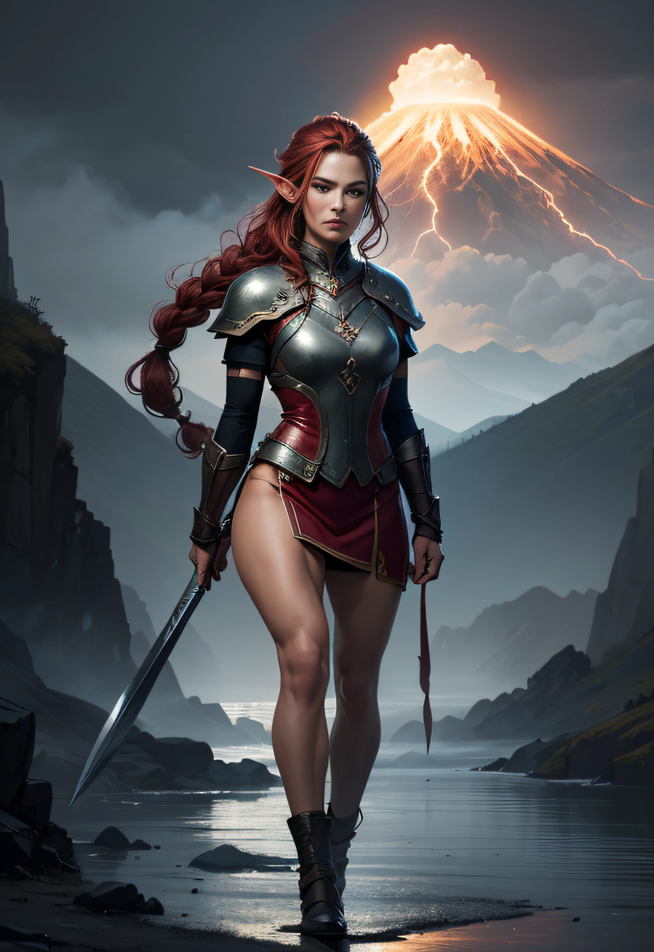 Amanda Righetti, (master part, Realistic portrait:1.3), (Stunning depiction of an elven warrior with a Viking-inspired appearance:1.2), (extremamente bem definido, musculoso, and female physique:1.3), (Red hair adorned with multiple braids:1.3), (olhos verdes claros penetrantes emanando uma energia radiante:1.2), (grosso, Sobrancelhas meticulosamente moldadas:1.2), (symmetric, Beautiful, e rosto impecavelmente perfeito:1.1), (vestido com um traje de guerreiro, Embracing your body:1.1), (In the background, An active volcano rises high, commanding attention:1.1), (the gray sky giving a gloomy tone:1.1), (his expression conveying the utmost seriousness:1.1), (Full body illustration capturing the dominant presence of the elf:1.1), (a fusion of formidable strength and ethereal allure:1.1), (A work of art that encapsulates the intensity of a legendary warrior:1.1), (Meticulous attention to detail enhances the authenticity of the scene:1.1)), cinemactic, hiper-detalhado, detalhes insanos, Lindamente colorido, Motor irreal, DOF, Super-Resolution, Megapixel, cinematographic lightning, antialiasing, FKAA, TXAA, RTX, SSAO, Post processing, post - production, Mapeamento de Tons, ...cgi, VFX, SFX, Insanamente detalhado e intrincado, Hiper maximalista, hyper realistic, volumetric, fotorrealista, ultra fotorreal | |, ultra-detalhado, detalhes intrincados, super detalhado, Colouring, Volumetric lightning, HDR, Realistic, Motor irreal, 16k, foco nítido, octan render