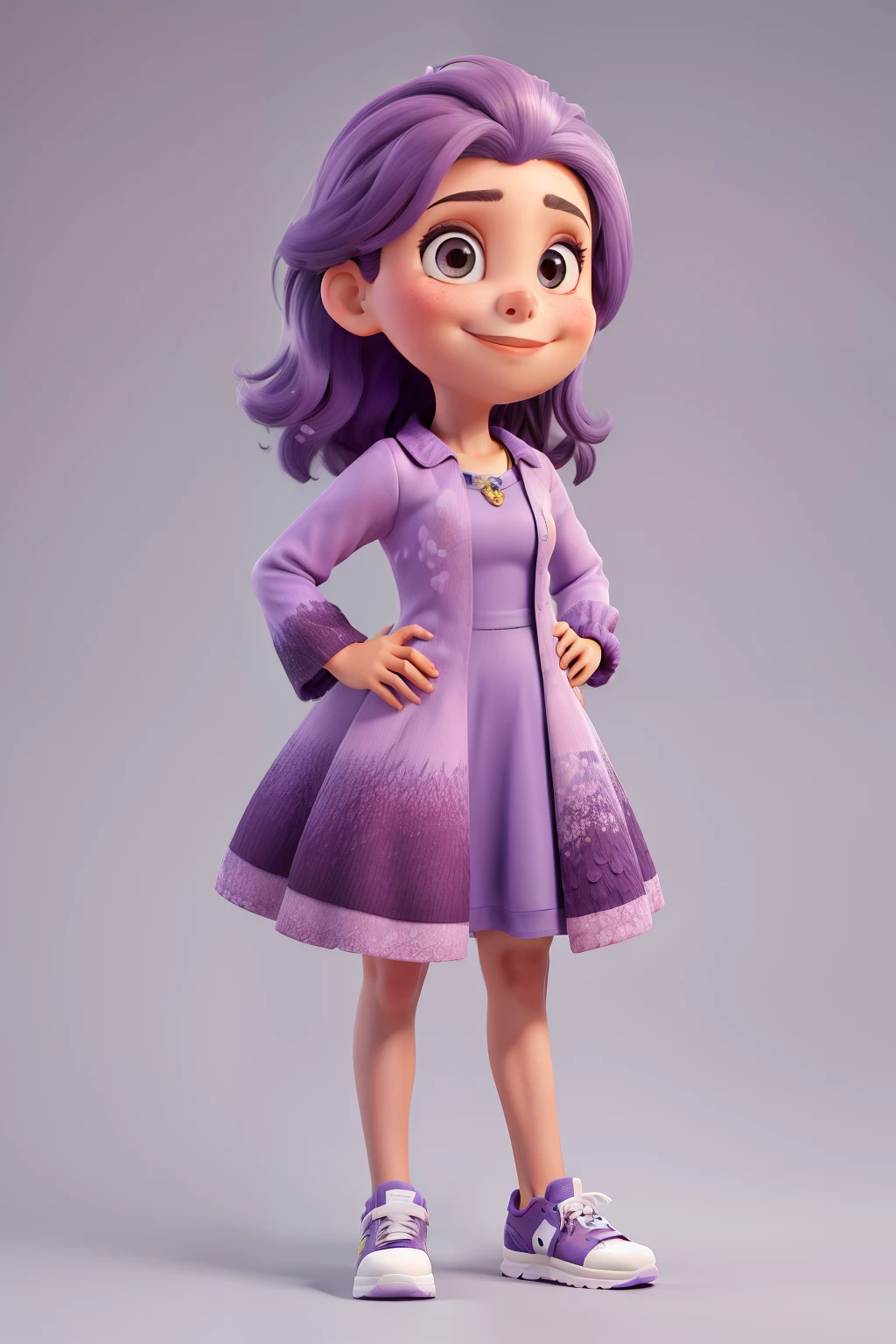 Obra-prima, de melhor qualidade, cabelo preto e liso , With lilac sleeve dress in a square with sneakers.
