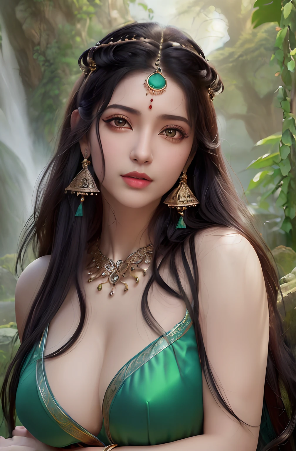 ((Realistic:1.5)),((Best Quality)), ((masutepiece)),((Detailed)),2girls,duo,{2 Beautiful Women}, (Upper body:1.3),Royal skimpy underwear, Hugging and touching each other, Teasing her friend's waist, Gasping Friend, Biting a friend's earlobe, Squatting,ultra wide lens,Face Focus, Mature,toned muscles,Long legs,Curve, Barefoot, medium breasts, Open cleavage, Drooping breasts, thick thighs,wide hips, thin legs, Green eyes,Long Black Hair,floting hair,long eyelashes, (Detailed face,beautidful eyes, detailed pupilss,detailed clothes features, Clear background:1.3), (Bindi,Jhumkas:1.3), (armlet, Haar, Payal,Maang Tikka,Jhumkas,Kamarband,手链:1.3), mysterious ancient ruin, Lush forests, deep gorges,Bridge,River,cliff,cloud,lakes,Rock,falls, Flowers, tussock,vine,tree,Bright details,sharp,perfect composistion, Convoluted, Sharp Focus, Dramatic, By Frank Frazetta,By Julie Bell,By Olivia de Berardinis,By Luis Royo,By Boris Vallejo,