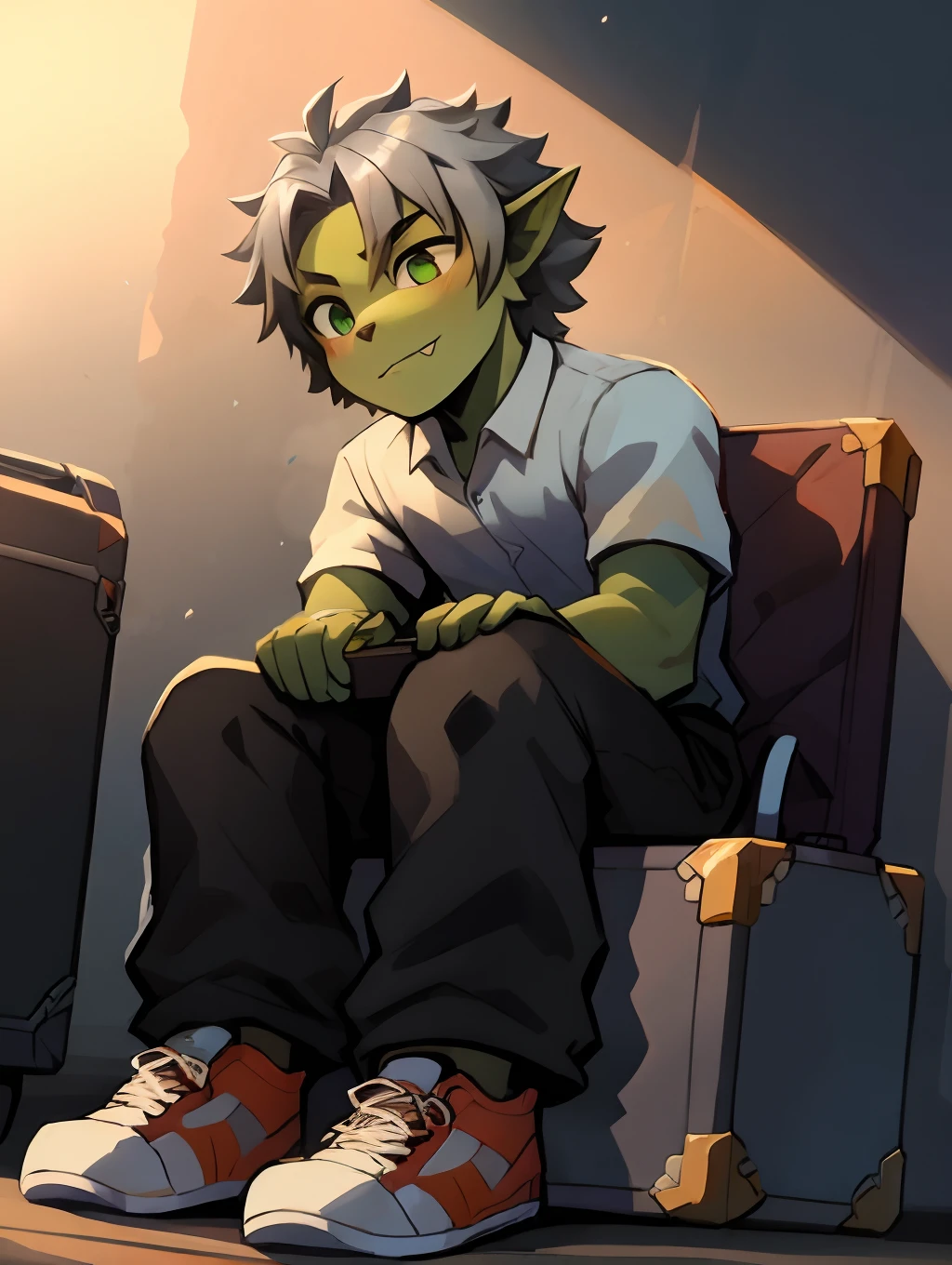 rainy days,Station off,Gray hair ,Orange pattern,male people,Green eyes and black eyes,Cat orcs(adult), sitting down, Master masterpieces, A high resolution,8K,detailedbackground,high high quality,Libido boy,(((独奏))),(White clothes,Suitcase,Wearing sneakers:0.6),,Half-squinted,The viewing angle is sloping down from above,(Cool light source:1.2),long trousers