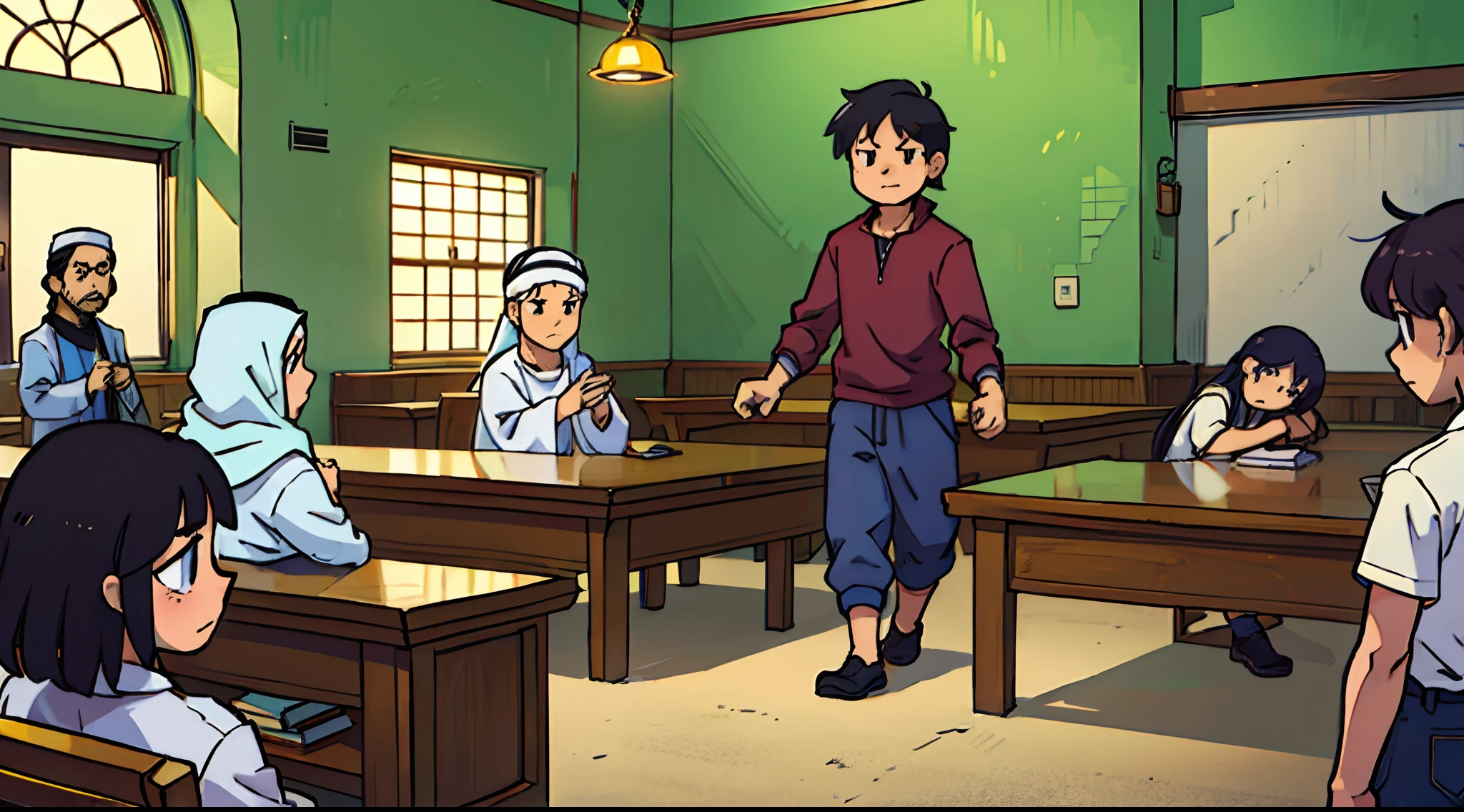 Bikin gambar anime laki-laki sedang berada di masjid