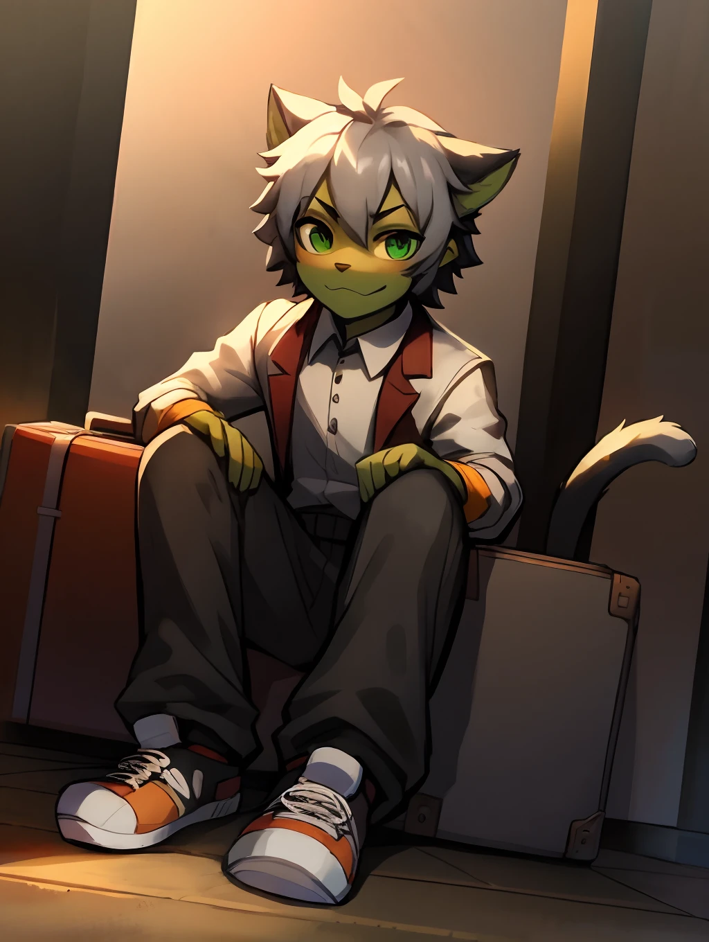 rainy days，Station off，Gray hair ，Orange pattern，male people，Green eyes and black eyes，Cat orcs（adult），  sitting down， Master masterpieces， A high resolution，8K，detailedbackground，high high quality，Libido boy，（（（独奏））），(White clothes，Suitcase，Wearing sneakers：0.6)，，Half-squinted，The viewing angle is sloping down from above，（Cool light source：1.2），long trousers
