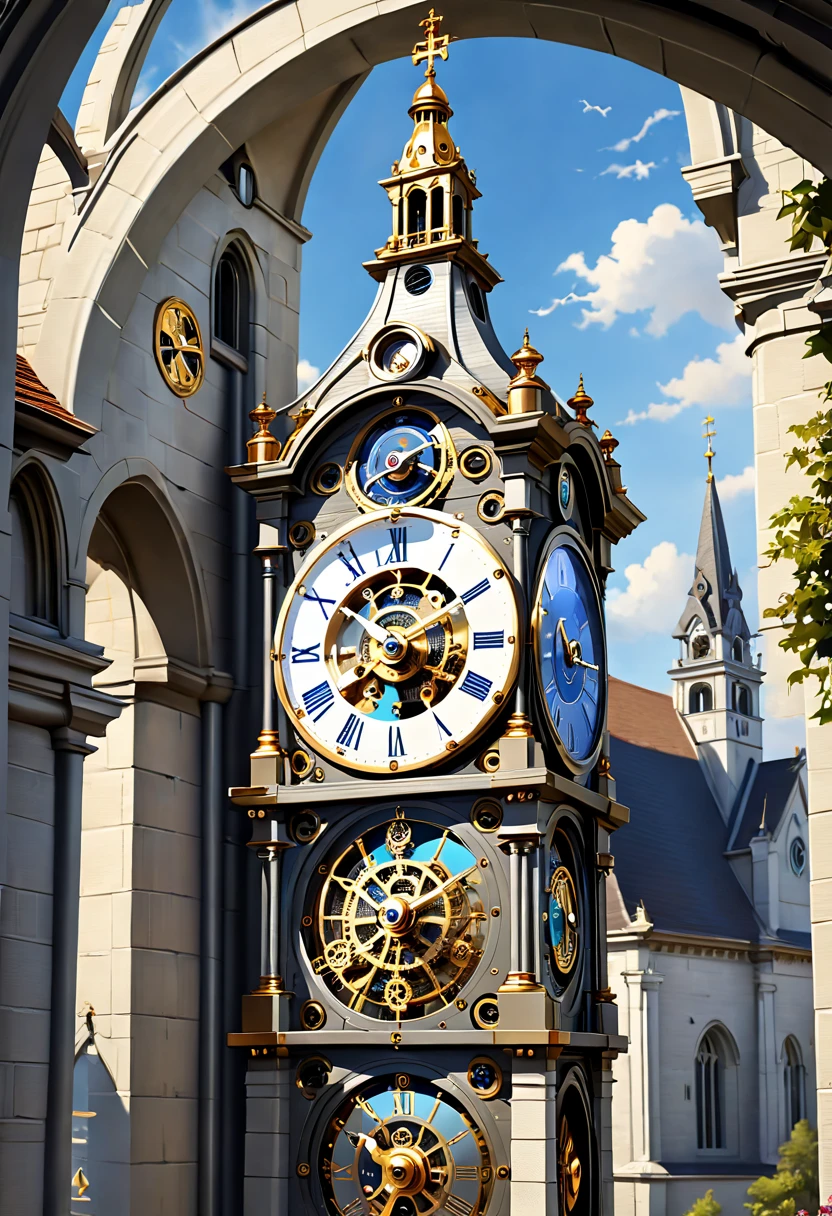 (8K, 16k, Award-winning, Highest quality, Highest resolution, Super detail, High detail, Anatomically correct, Masterpiece),UHR, Clock on the bell tower of the church,Ancient chronometric mechanism, delicate craftsmanship , A legendary mechanical clock, Rare and precious, Intricate details, Smartphones are made of a metal called orichalcum, There are no gemstones, (The inside of the mechanical clock is engraved with ancient characters: 1.2), Impeccable, Platinum, White, Gold and silver, Church bell tower,cyber punk perssonage