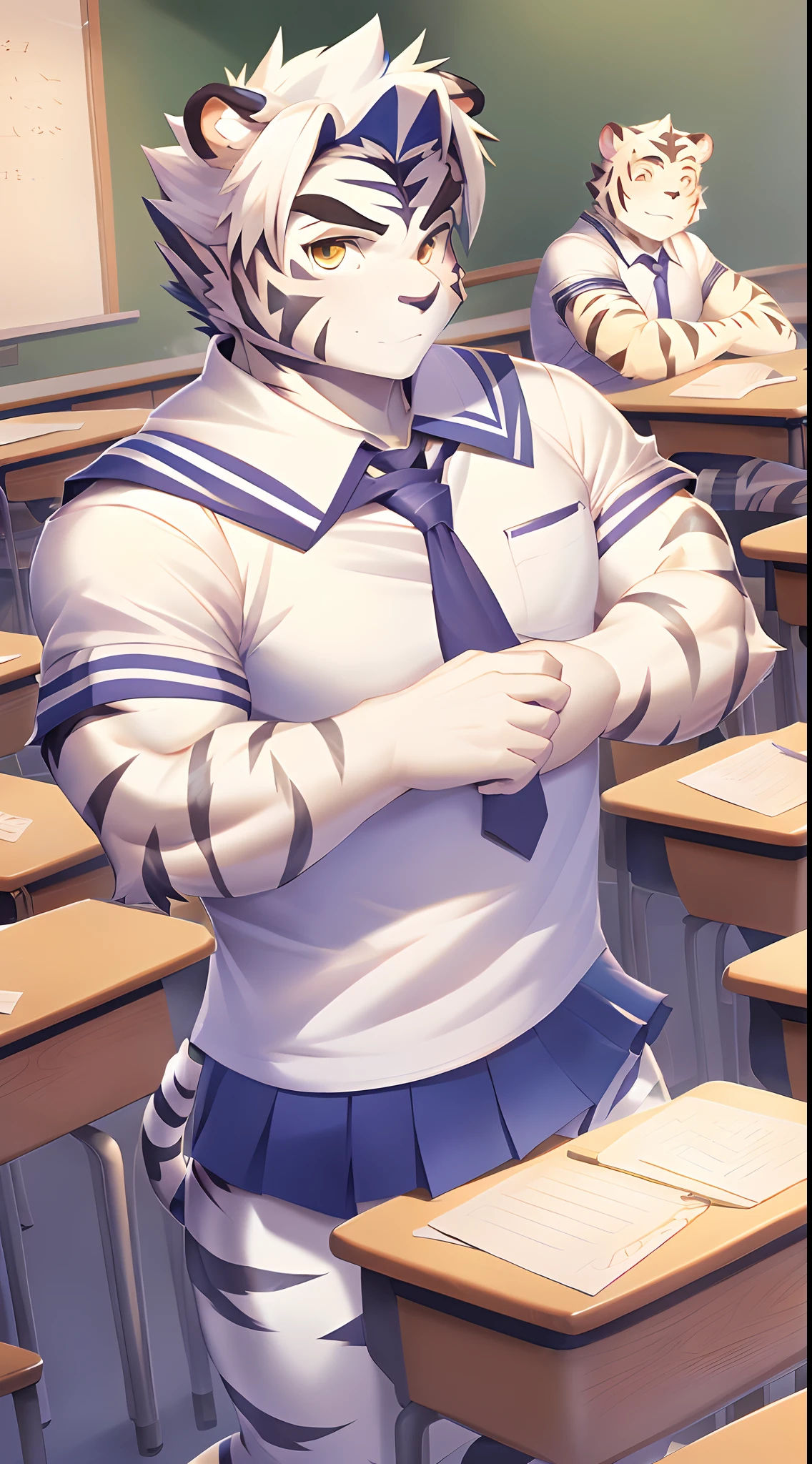 Hominidae, Pose for Camera. 4K, high resolution, Best quality, posted on e621, (Anthropomorphic white tiger:1.2), male people, 20yr old, Thick eyebrows, Light blue stripes, Ultra-short hair, shaggy, Strong body, large pecs, ((White tight school uniform)), He was in class, Golden pupils, Light blue leggings, Small raised, In the classroom, 独奏, writing, (Muscular, Heavyweight:1.2), Correct anatomy, (by Chunie, author:Taran Fidler:0.8), (Detailed eyes:1.2), Sexy, (cel-shaded:1.2), cartoon shading, Serious expression, Be red in the face, (view the viewer:1.2), white backgrounid