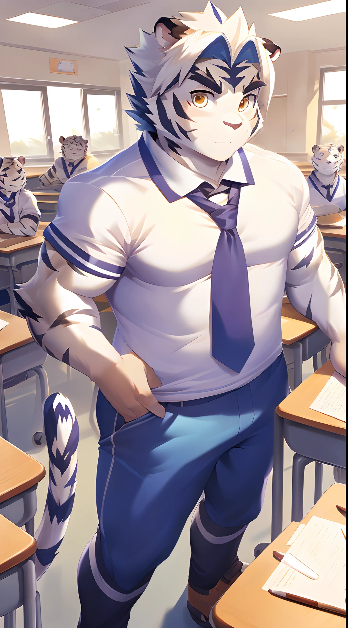 Hominidae, Pose for Camera. 4K, high resolution, Best quality, posted on e621, (Anthropomorphic white tiger:1.2), male people, 20yr old, Thick eyebrows, Light blue stripes, Ultra-short hair, shaggy, Strong body, large pecs, ((White tight school uniform)), He was in class, Golden pupils, Light blue leggings, Small raised, In the classroom, 独奏, writing, (Muscular, Heavyweight:1.2), Correct anatomy, (by Chunie, author:Taran Fidler:0.8), (Detailed eyes:1.2), Sexy, (cel-shaded:1.2), cartoon shading, Serious expression, Be red in the face, (view the viewer:1.2), white backgrounid