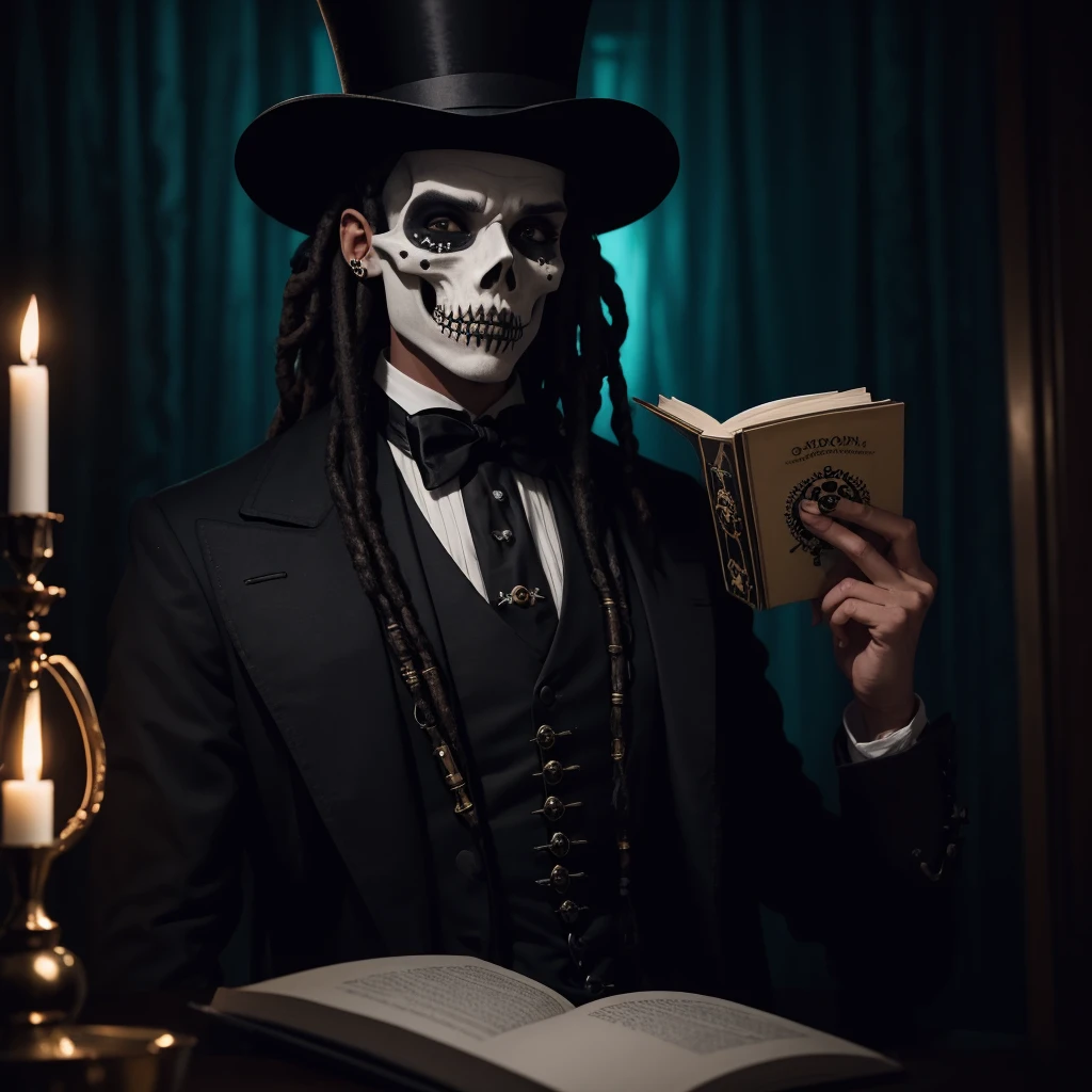 A male lightskinned voodooist with skull makeup on and short dreadlocks and a top hat reading spells in a dark room.