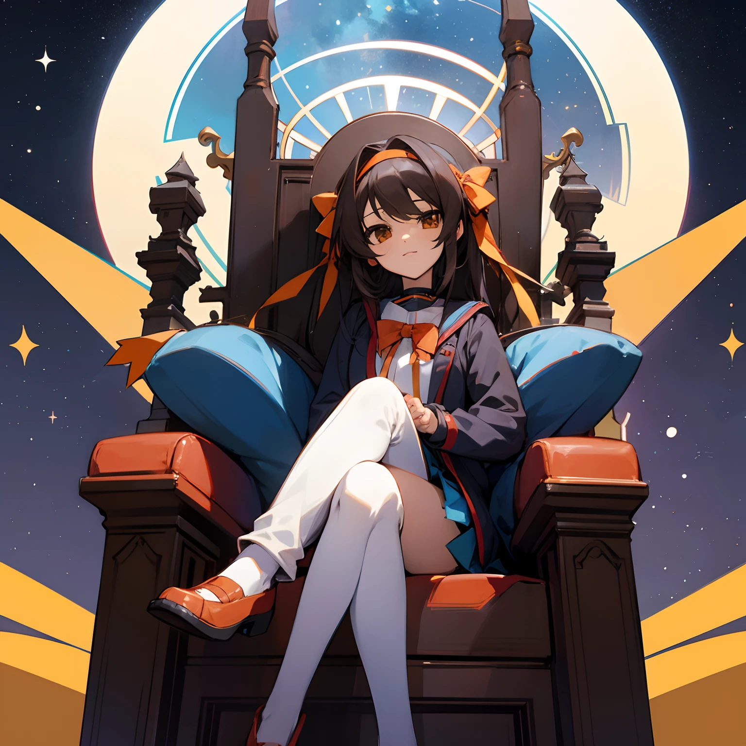 frontage suzumiya haruhi sitting in a throne the background is the universe