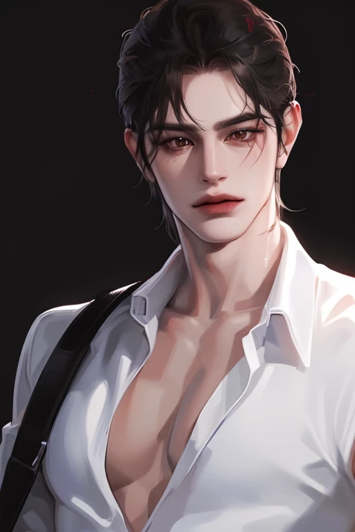photography of a sexy man, a solo man, (((man))), ((masculine face)), 30 years old, vampire, bad boy, handsome, realistic, (red eyes), expressive look, black hair, long bangs, rose pale lips, (((dark background))), (((city backgtound))), shine hair, angular jaw, square face,broad shoulders, tall, muscular, strong, shaven, super detailed face, perfect body, perfect shapes, realistic image, award winning photography, 8k, (((perfect shiny eyes)))