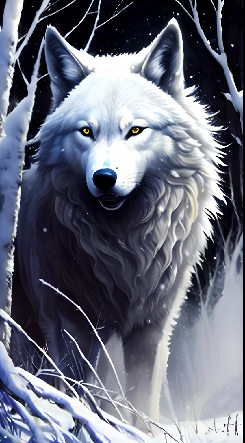 A painting of a wolf in the snow with trees and snow, lobo branco, um lobo branco, lobo, foto de lobo, grande lobo, retrato do lobo da fantasia, Lobo branco com olhos azuis, Wolp, 3 0, lobo peludo, dire wolf, lobo, retrato do lobo, foto de perfil, lone wolf, Lobo em um campo de neve, olhos brancos brilhantes