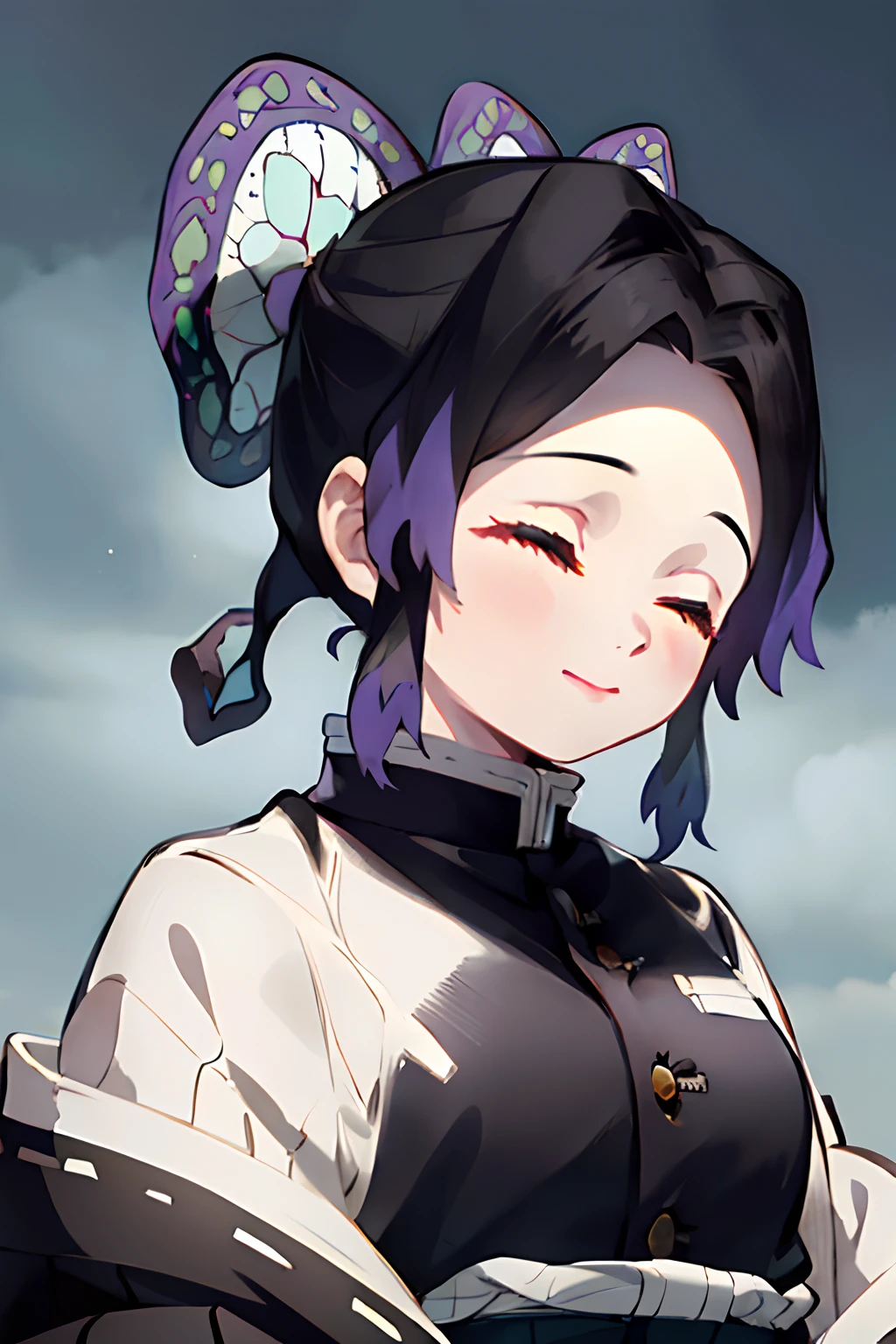masterpiece, best quality, ultra-detailed, Potrait of beautiful ShinobuDB, demon_slayer_uniform, solo, smile, japanese_clothes, haori, closed_mouth, jacket, long_sleeves, upper_body, closed_eyes, cloud, sky, night, volumetric lighting, best quality, masterpiece, intricate details, tonemapping, sharp focus, hyper detailed, trending on Artstation,
