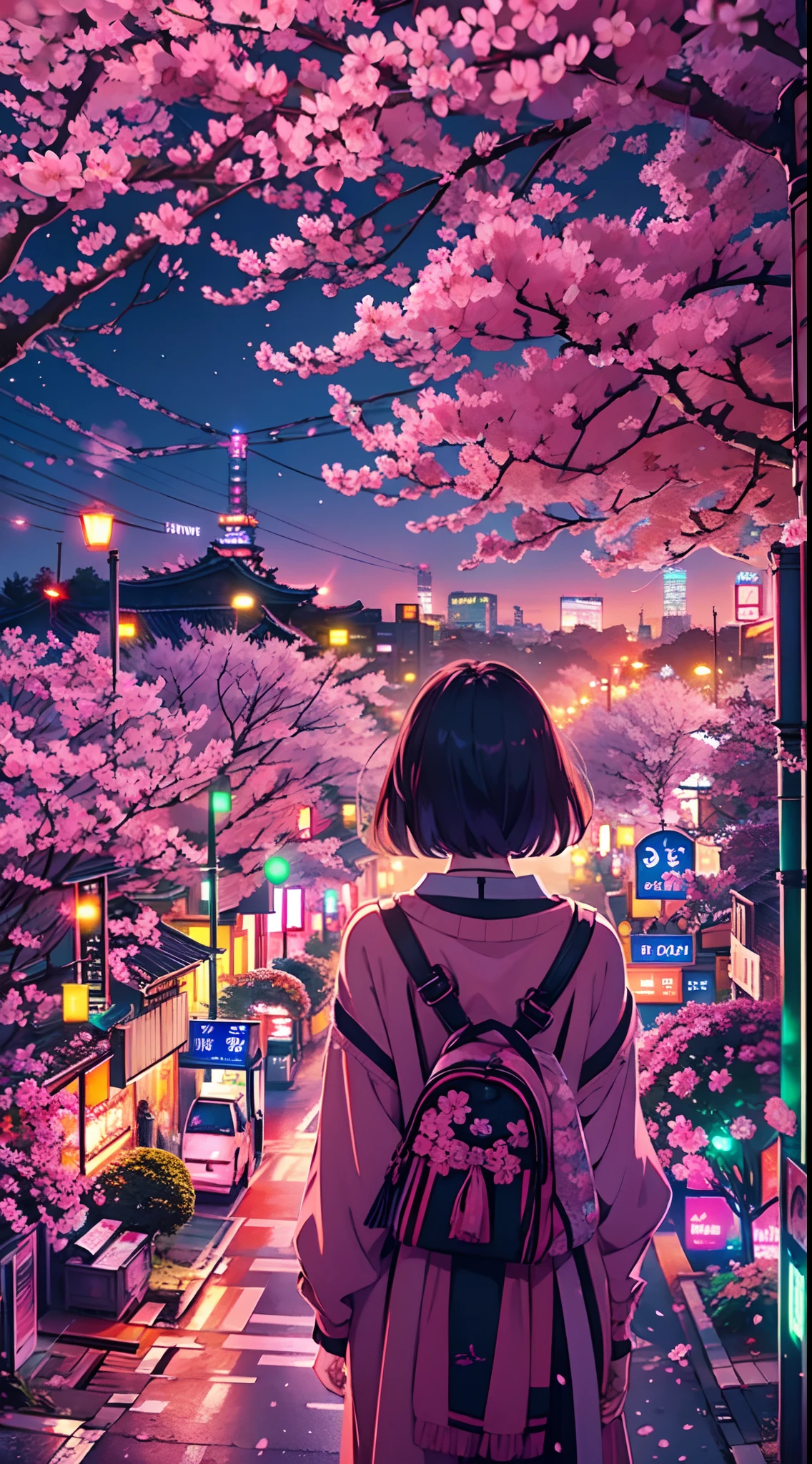 From behind, a girl stands inside a breath taking city landscape of Tokyo, surrounded by a kaleidoscope of vibrant cherry blossom and enchanting cherry blossom trees, (walking on the a street full of cherry blossom:1.2),(sky scraper:0.6) ,The starlit sky above is illuminated by strange and colorful hues of lights, creating an ethereal atmosphere