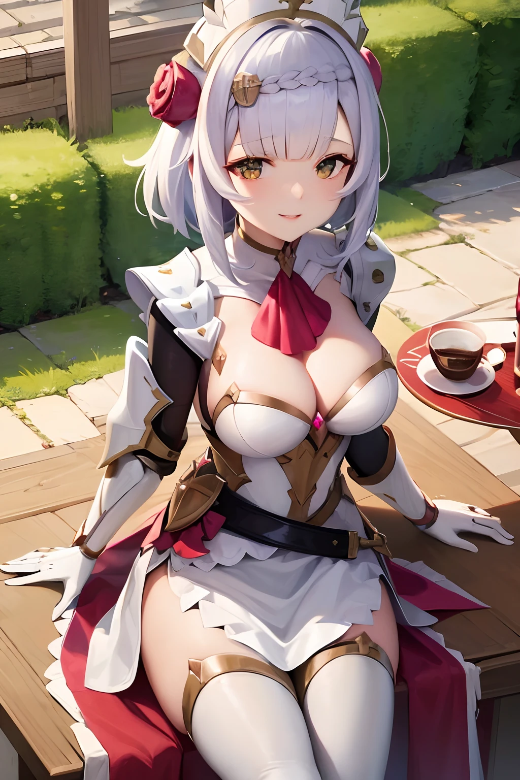 masterpiece, best quality, 4k,1girl, solo, armor, noelle \(genshin impact\), looking at viewer, smile, , mature female, parted lips, hair ornament, bangs, detailed background, coffee house
