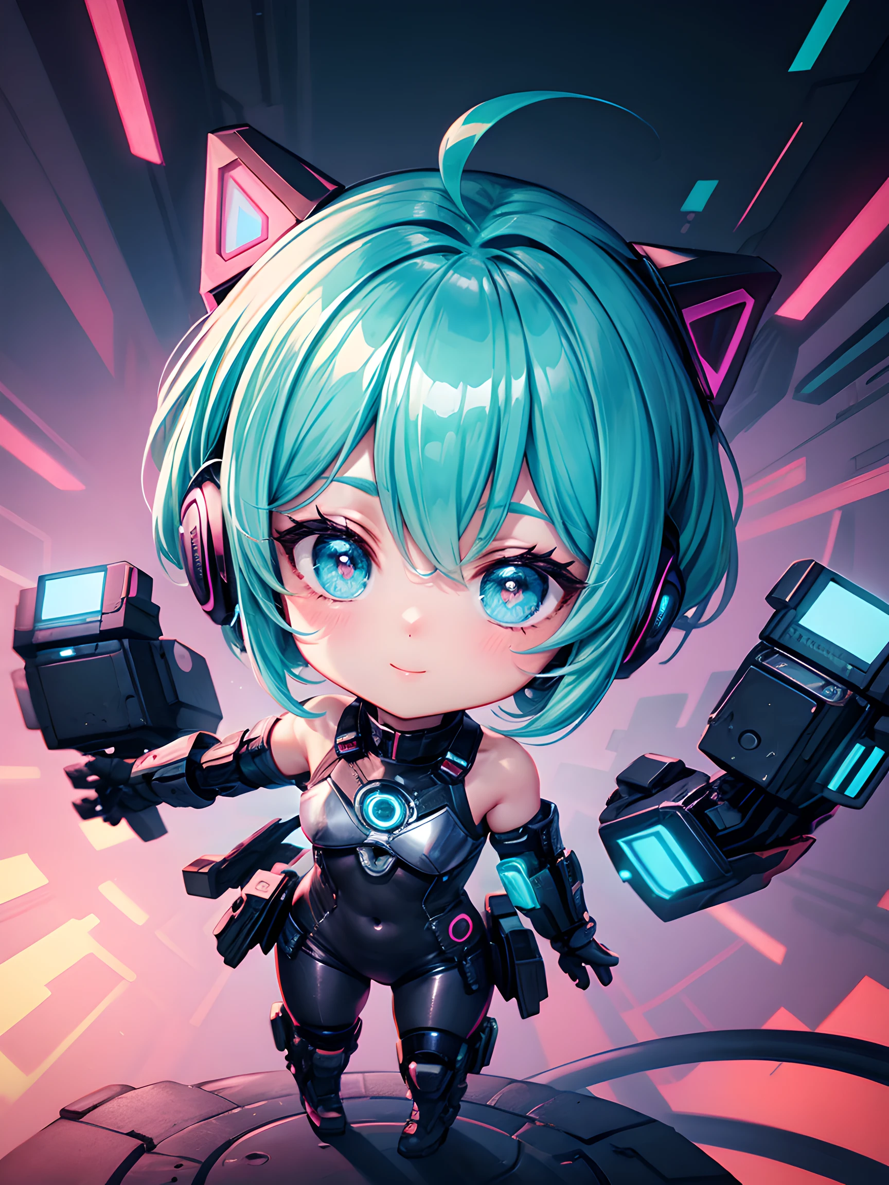 1girl in, android, Cyberpunk, Cyan hair, cyan eyes, Short hair, White breastplate, Black headphones, Mechanical black glossy metallic Bodysuit, Bare shoulders, Glossy, shiny material,chibi emote, chibi character, cyberpunk city,