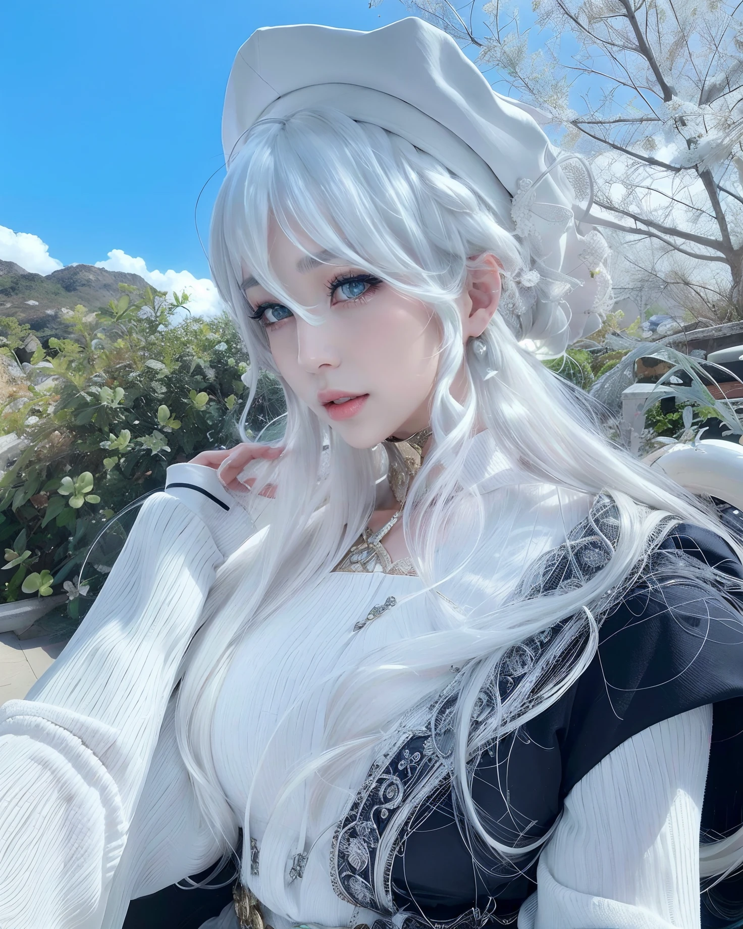 A closeup of a person with long white hair wearing a hat, com cabelos longos brancos, branco hime corte penteado, com longos cabelos brancos, franja branca, longos cabelos brancos e franja, cor do cabelo branco, her hair is white, perfeita de cabelos brancos, flowing white hair, cabelos muito longos cor de neve, cabelos brancos brilhantes, meninaabelo branco