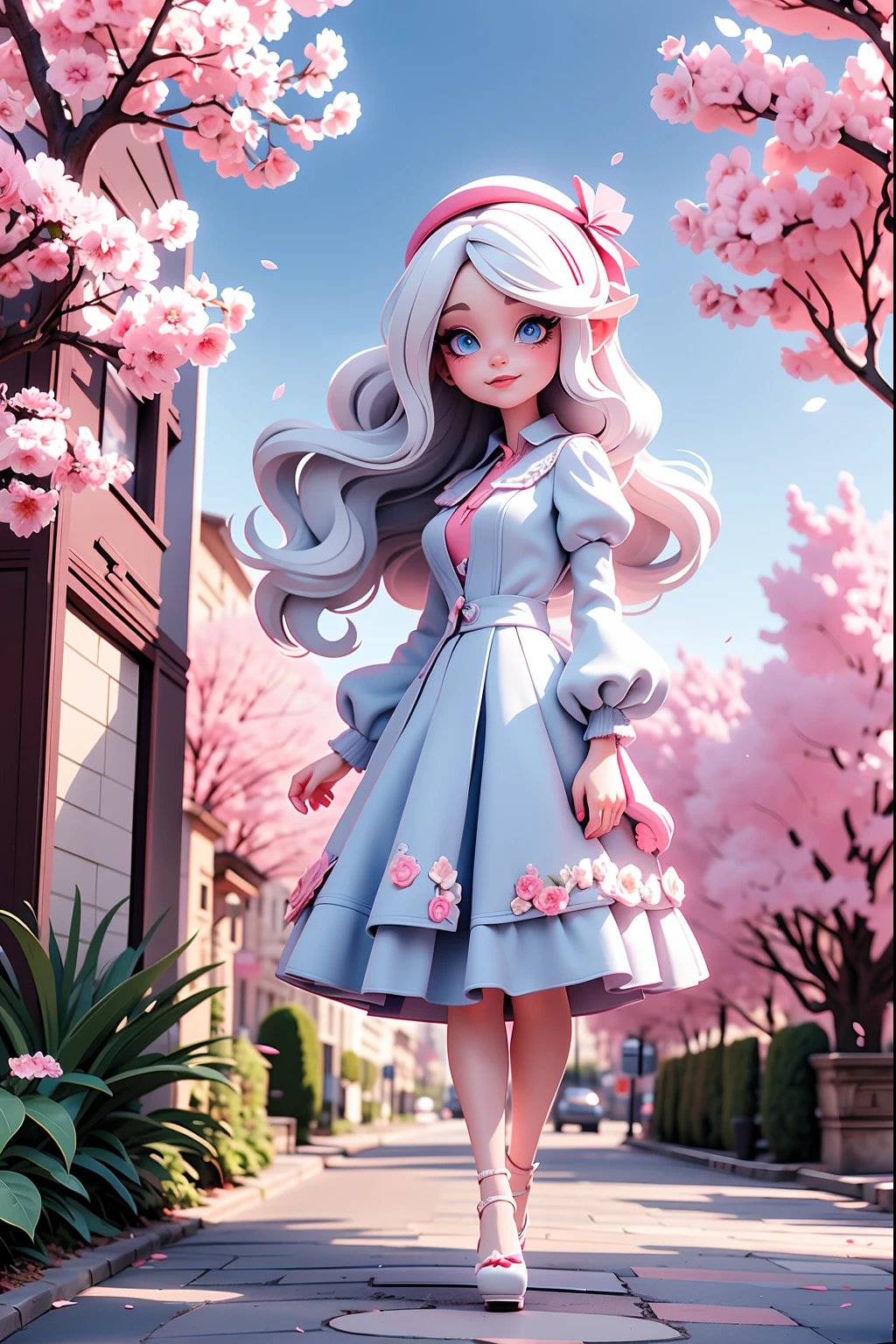 painting of the Eiffel tower, Cherry blossoms around Eiffel tower, vampire college student Cherry in Paris, white hair, blue eyes, sunkissed street pathway, beautiful art, uhd 4k, an exquisite illustration, gorgeous digital painting, highly detailed digital painting, very detailed digital painting, rich picturesque colors