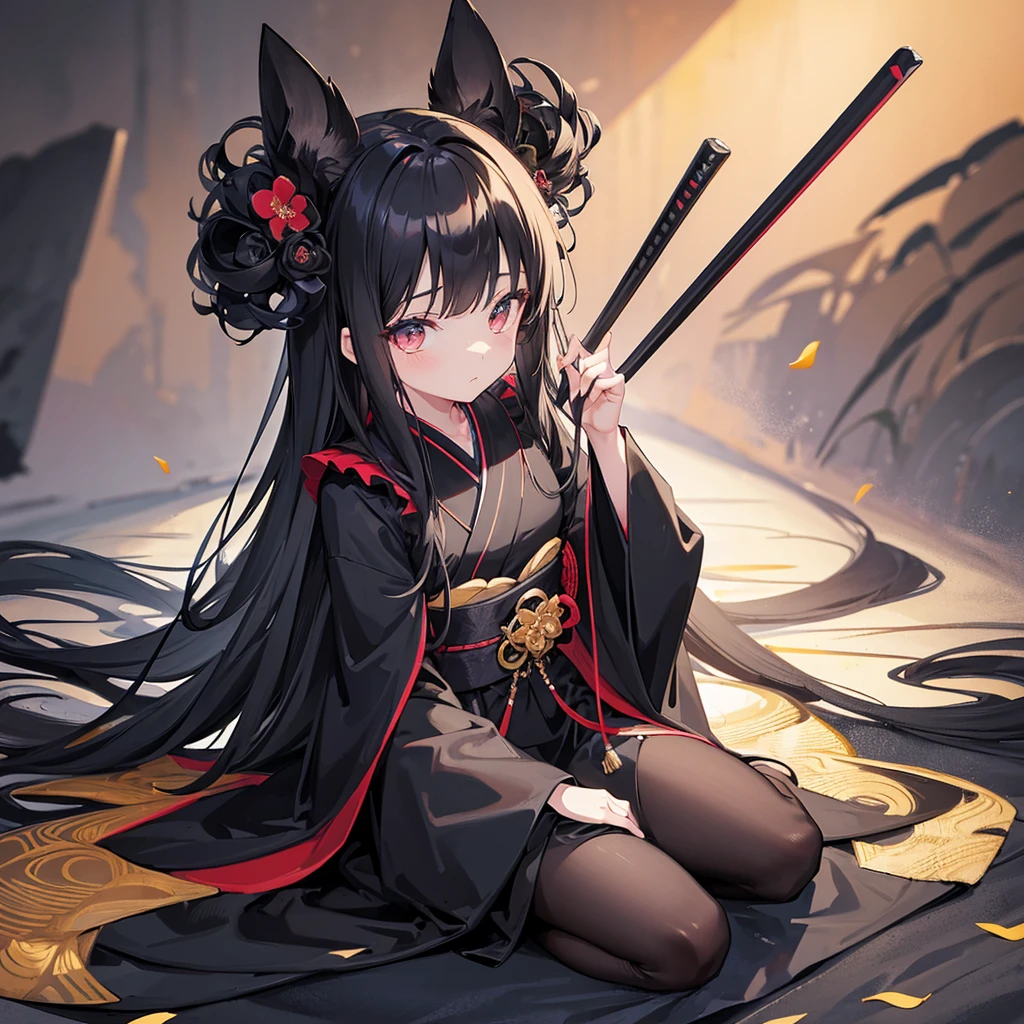 Girl in black kimono，Behind him is a pitch-black wasteland，serenidade，tmasterpiece，Full body photo，highest  quality，opulent，the detail