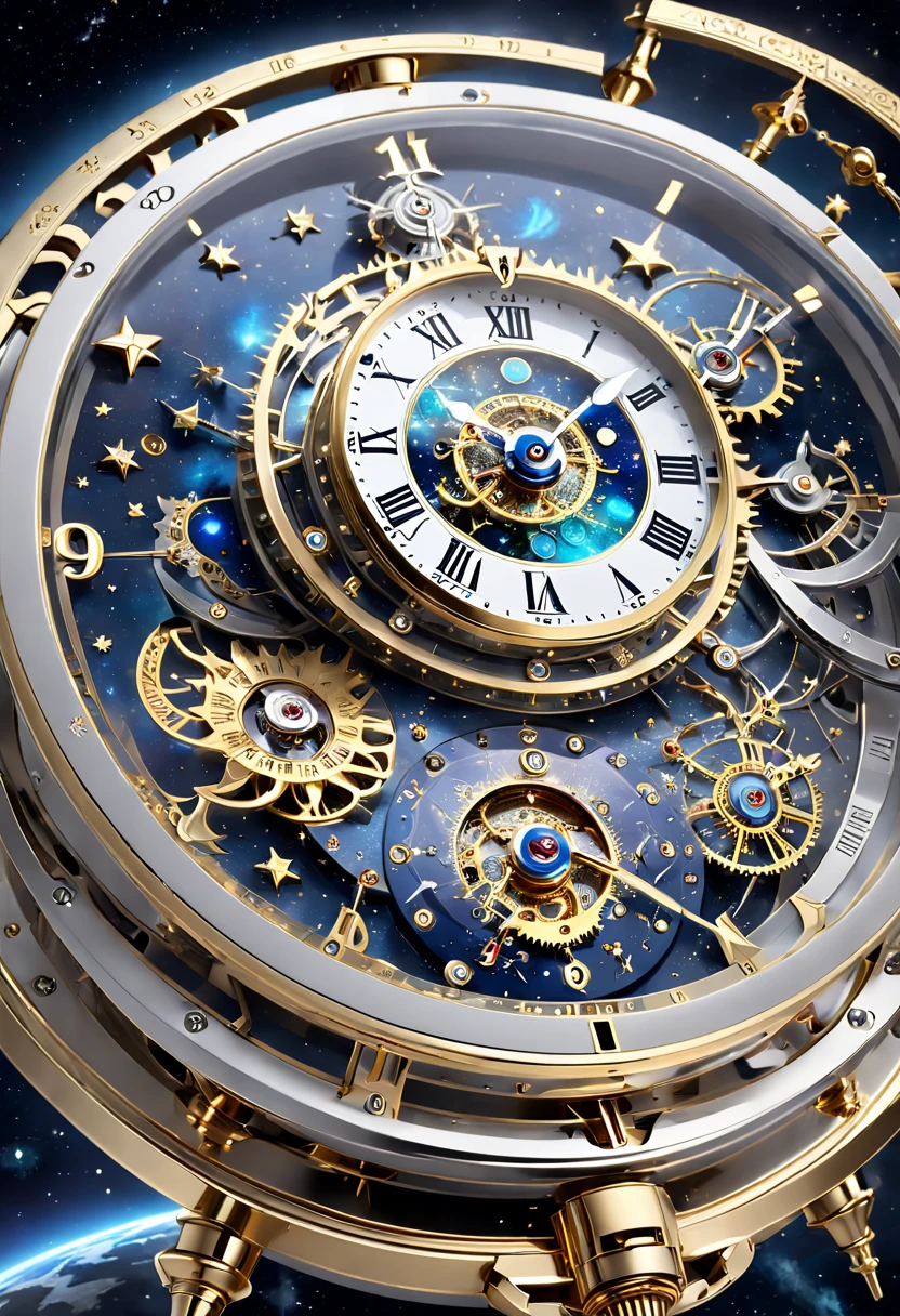8K, 16k, Award-winning, Highest quality, Highest resolution, Super detail, High detail, Anatomically correct, Masterpiece),UHR, Clock in the starry sky,The timing mechanism of the future, delicate craftsmanship , A legendary digitized clock, Rare and precious, Intricate AI intricacies, Smart clocks are made of a metal called orichalcum, There are no gemstones, (The inside of the smart clock is engraved with ancient characters: 1.2), Impeccable, Platinum, White, Gold and silver, Mysterious starry sky,cyber punk perssonage,high - tech,hyper realisitc,Sci-fi dreams,Advanced extraterritorial technology,Epic digital sci-fi art