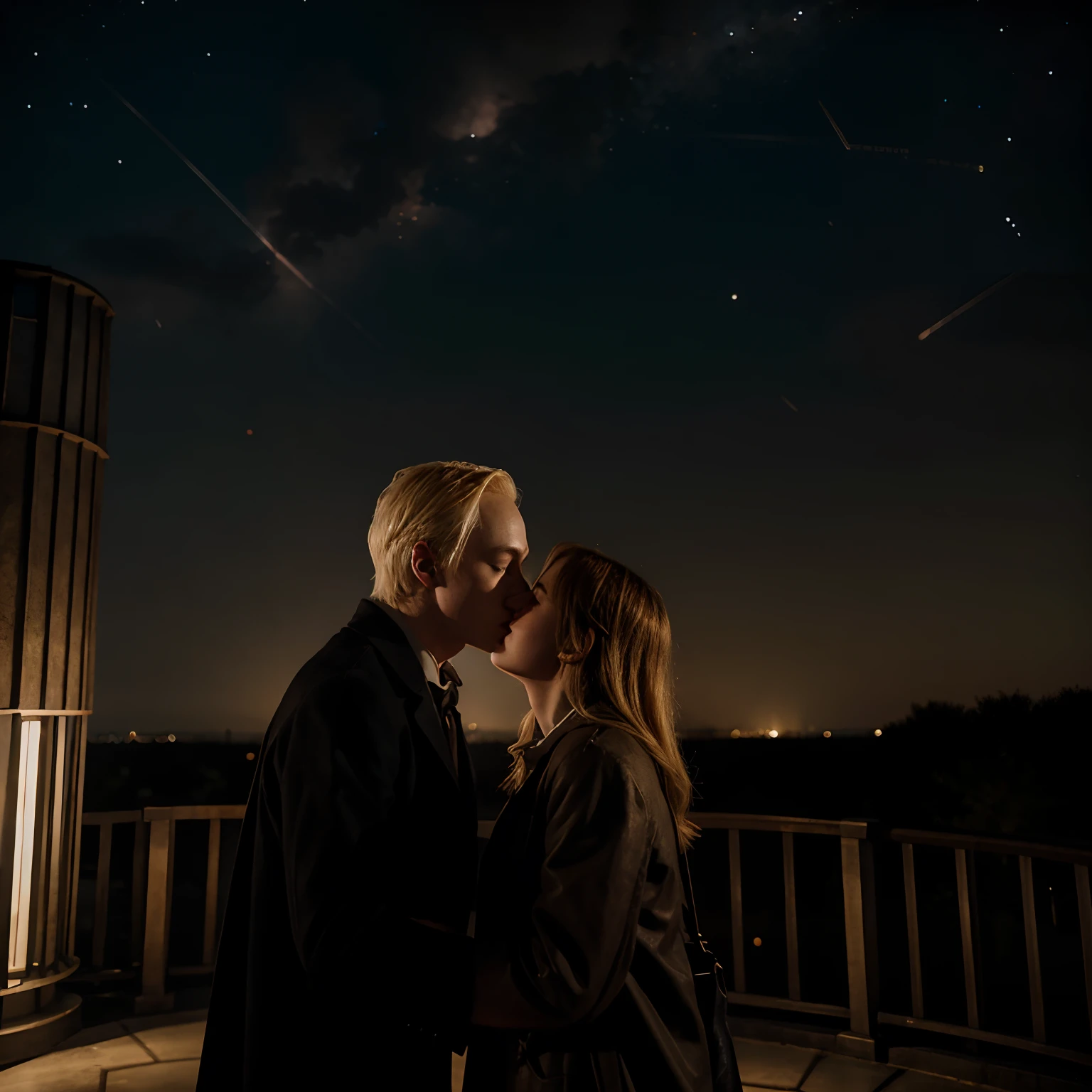 draco malfoy, hermione granger, astronomy tower, bright stars, kissing, cute