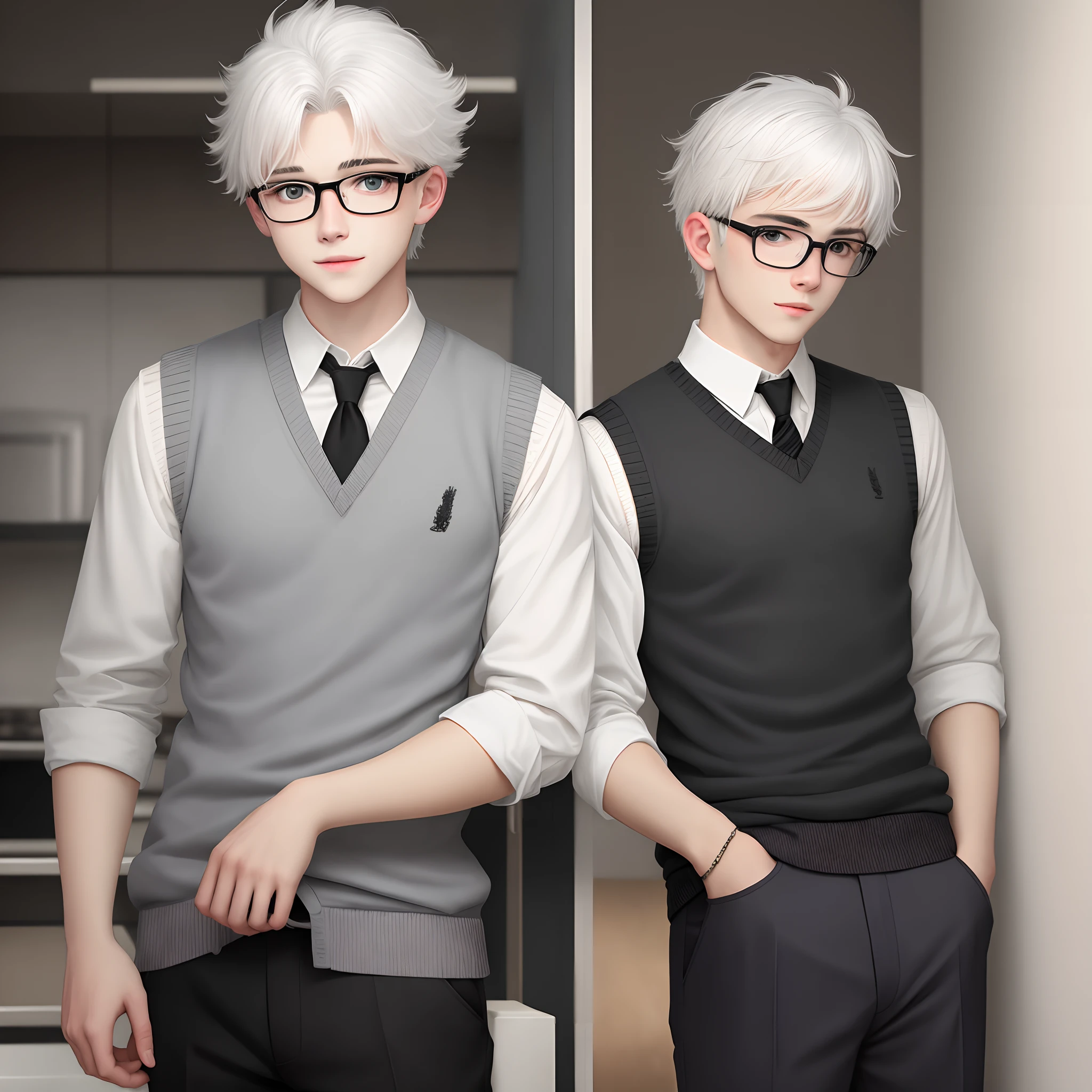 White haired boy with glasses and a gray and black sweater vest