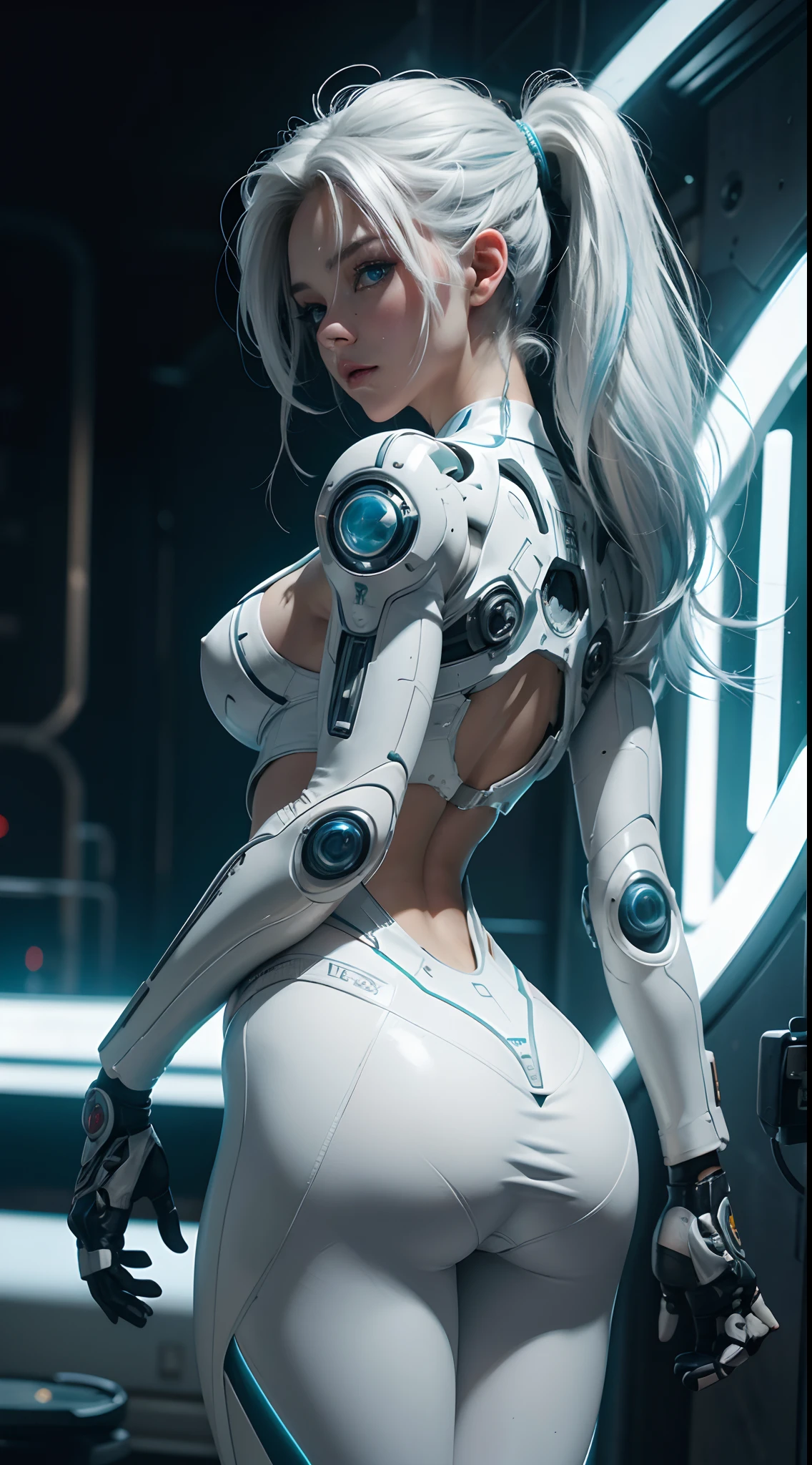 NSFW, 1girl, , cuerpo completo, cyberpunk, mecha, mechanics, (Obra maestra: 1.4), (8k, realista, Foto RAW, La mejor calidad: 1.4), Transparent nipple areola shape, Hermosos pechos, Chica japonesa, Hermosa cara linda, (Cara real: 1.4), Perfecto , hermoso peinado, Ojos azules realistas, Hermosos ojos de detalle, (piel real: 1.3), Piel hermosa, atractivo, cara enojada, ultrahigh resolution, ultra realista, cinematic lighting, hair dyed white, Cabello largo, Cintas, Ruinas de la ciudad, Mundo futurista,traje retrofuturista,cyborg,white hair,una parte de la cara es robot,retrofuturistic colors, neon lights ,yoga pose,back view