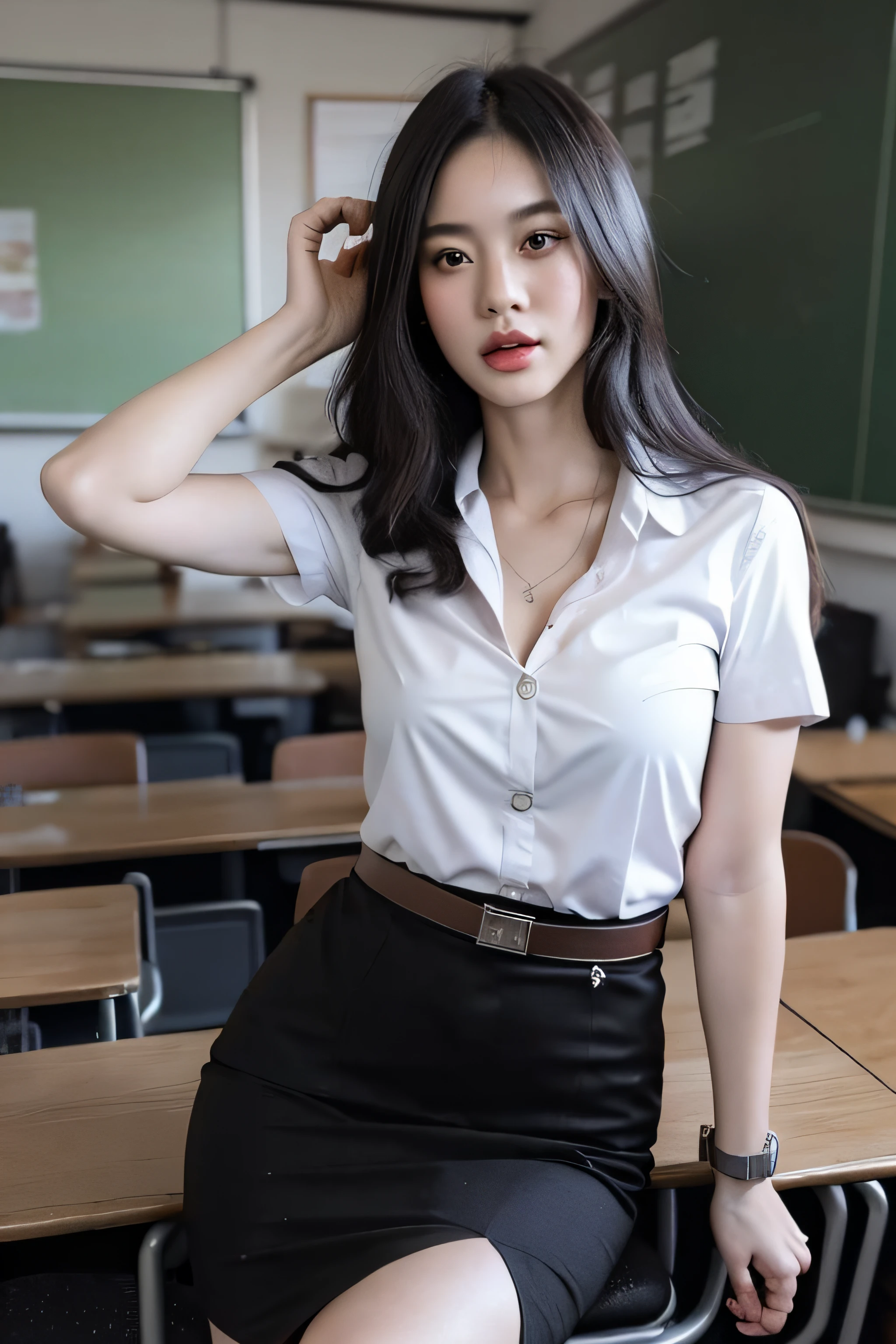 (8k, best quality, masterpiece, ultra highres:1.2) Photo of Pretty Japanese woman beautiful, beautiful enchanting fashion contemporary painting with a, looking at the viewer, ((in classroom background)), (1girl), (white shirt short sleeves), ((black pencil skirt)), belt, ((hand down)),black hair, medium hair, high angle photo of a gorgeous woman, realistic skin texture, looks up, (nudity), round chin, 85 mm art lens, f 1. 2, sharp focus, 8 k high definition, insanely detailed, intricate, elegant, large breasts, dynamic pose, large breasts,