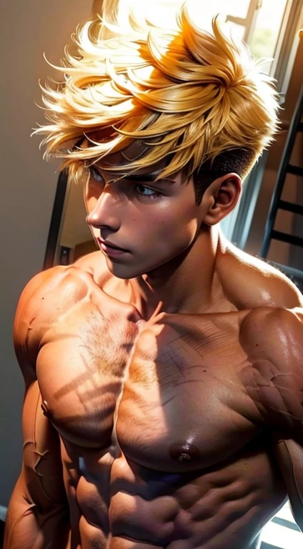 bowl hairstyle boy muscular body like bodybuilder naked,thong