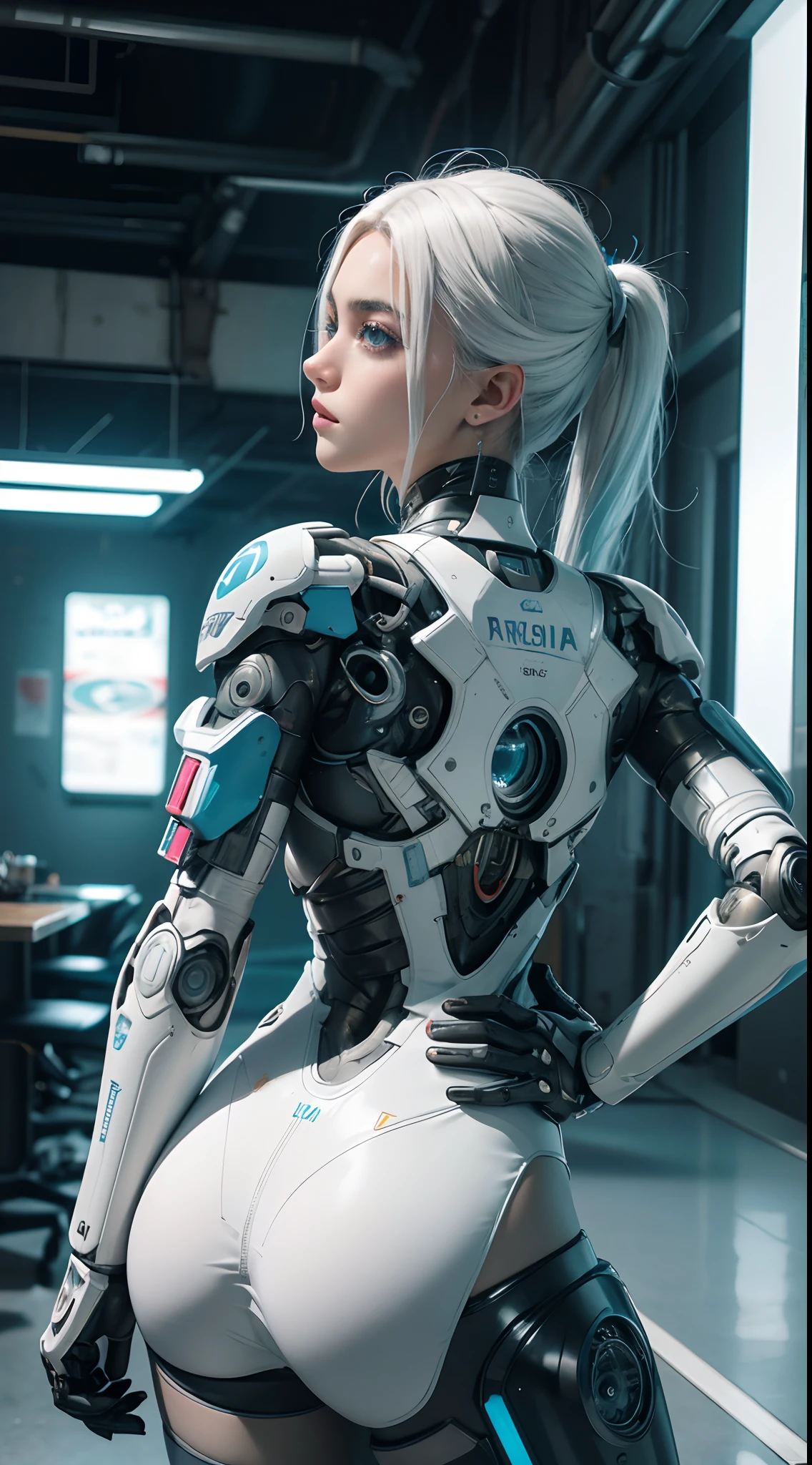 NSFW, 1girl, , cuerpo completo, cyberpunk, mecha, mechanics, (Obra maestra: 1.4), (8k, realista, Foto RAW, La mejor calidad: 1.4), Transparent nipple areola shape, Hermosos pechos, Chica japonesa, Hermosa cara linda, (Cara real: 1.4), Perfecto , hermoso peinado, Ojos azules realistas, Hermosos ojos de detalle, (piel real: 1.3), Piel hermosa, atractivo, cara enojada, ultrahigh resolution, ultra realista, cinematic lighting, hair dyed white, Cabello largo, Cintas, Ruinas de la ciudad, Mundo futurista,traje retrofuturista,cyborg,white hair,una parte de la cara es robot,retrofuturistic colors, neon lights ,yoga pose,back view